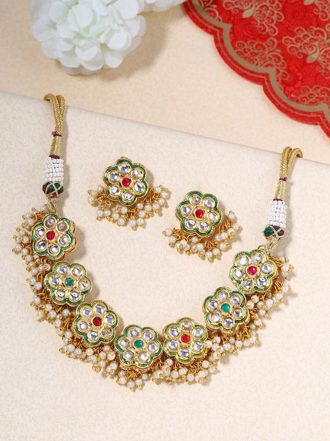 

Shoshaa Gold-Plated White & Red Kundan-Studded Beaded Handcrafted Jewellery Set