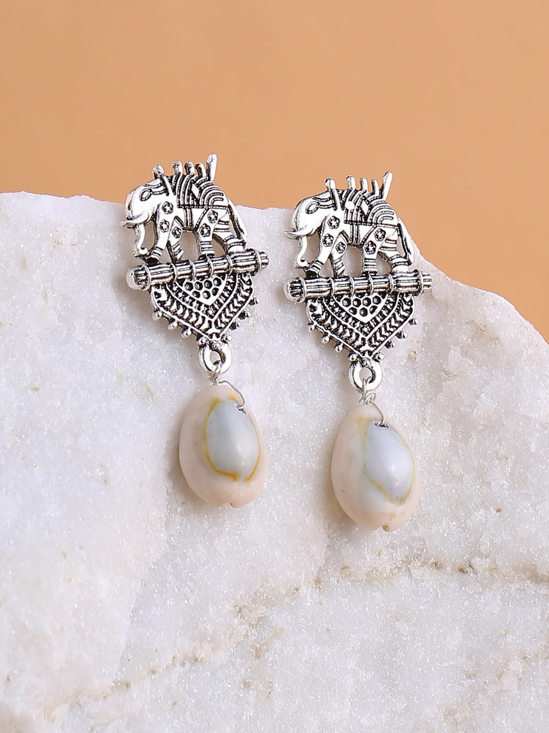

Shoshaa White & Silver-Plated Oxidised Contemporary Drop Earrings