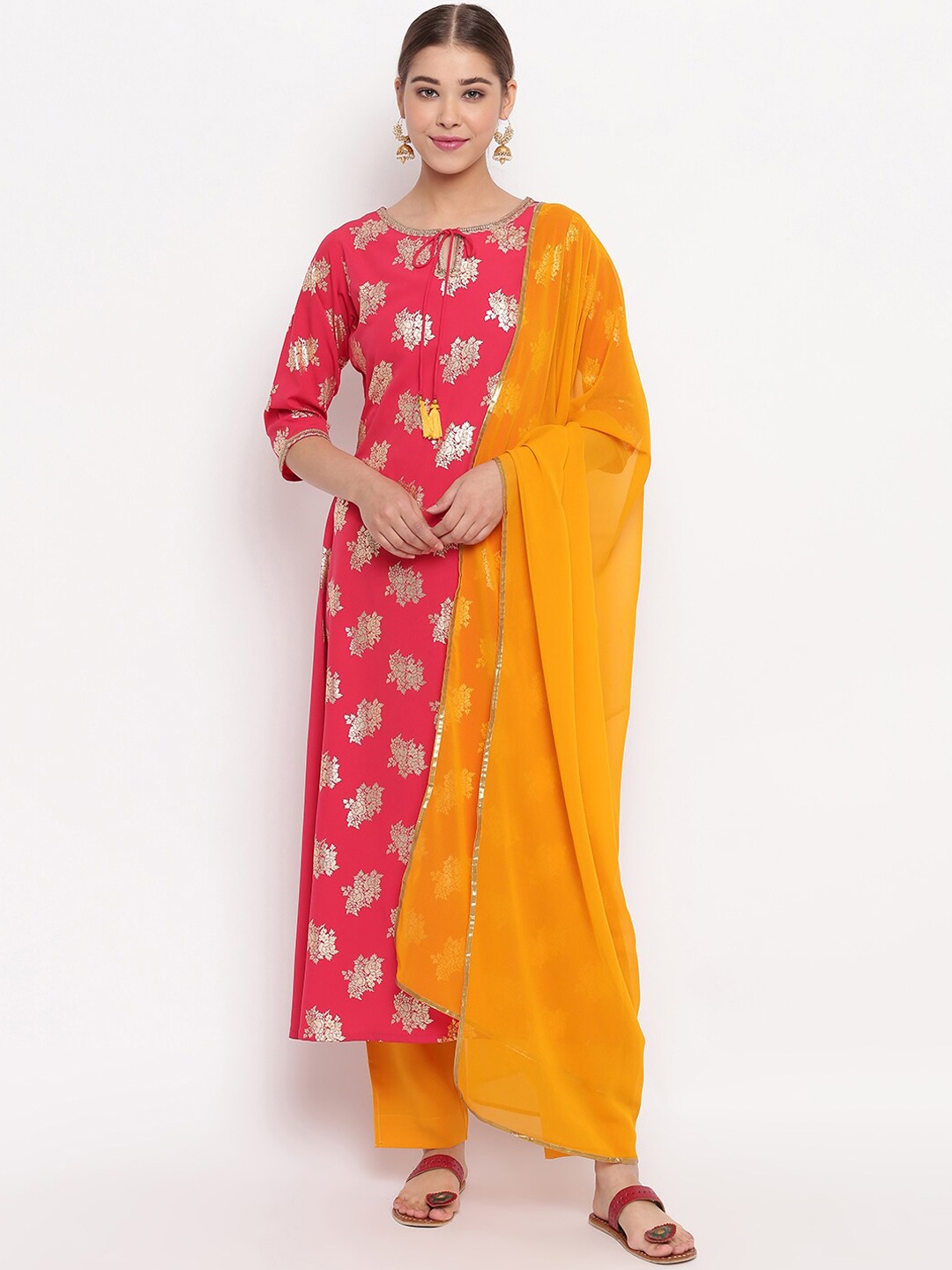 Janasya Women Pink & Yellow Printed Kurta with Trousers & Dupatta