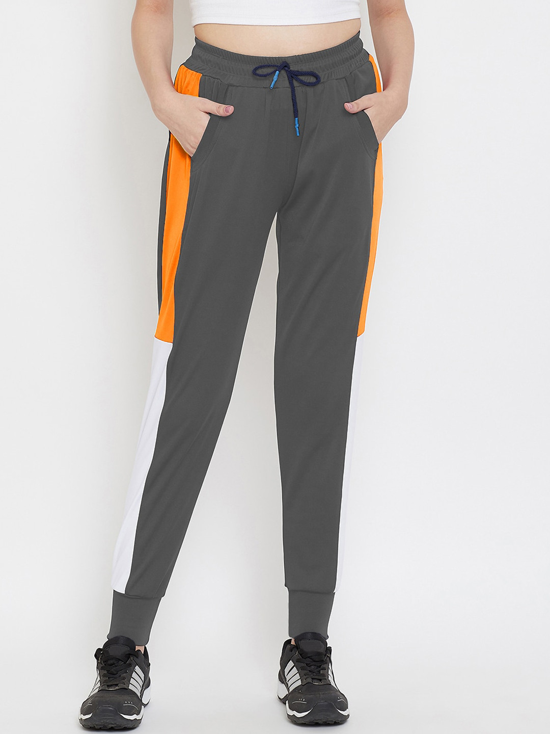 

CHROME & CORAL Women Grey & Orange Colourblocked Straight-Fit Joggers