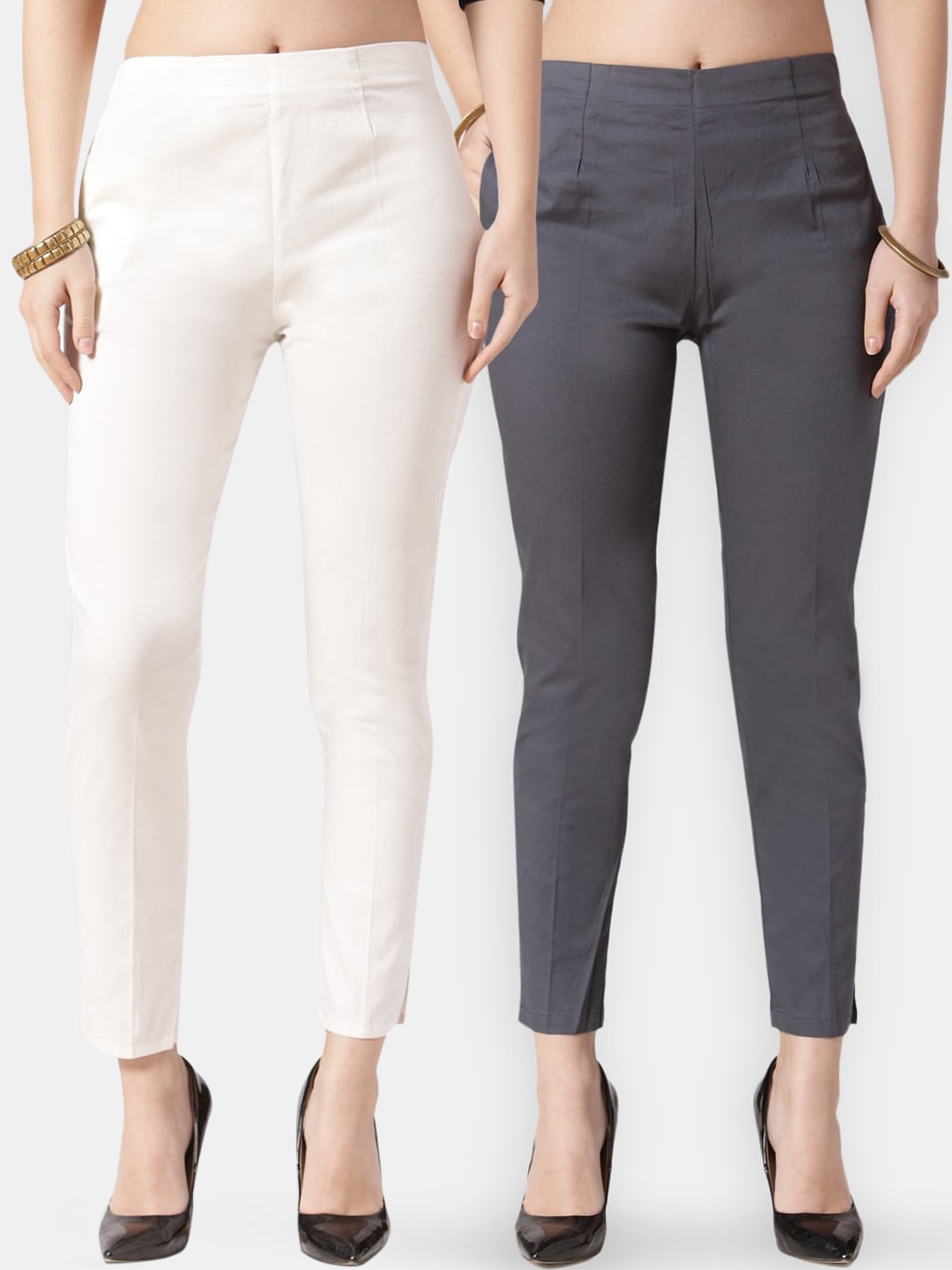 

Jompers Women Grey & White Pack of 2 Smart Skinny Fit Solid Cigarette Trousers