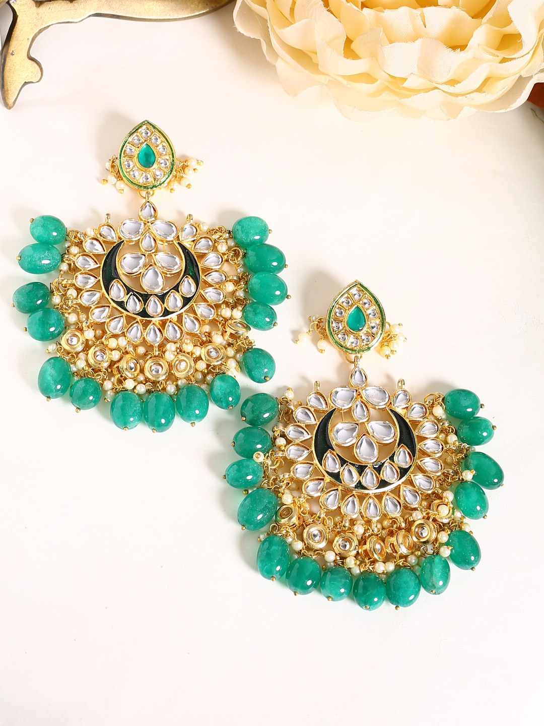 

Shoshaa Green & Gold-Plated Handcrafted Kundan Classic Chandbalis