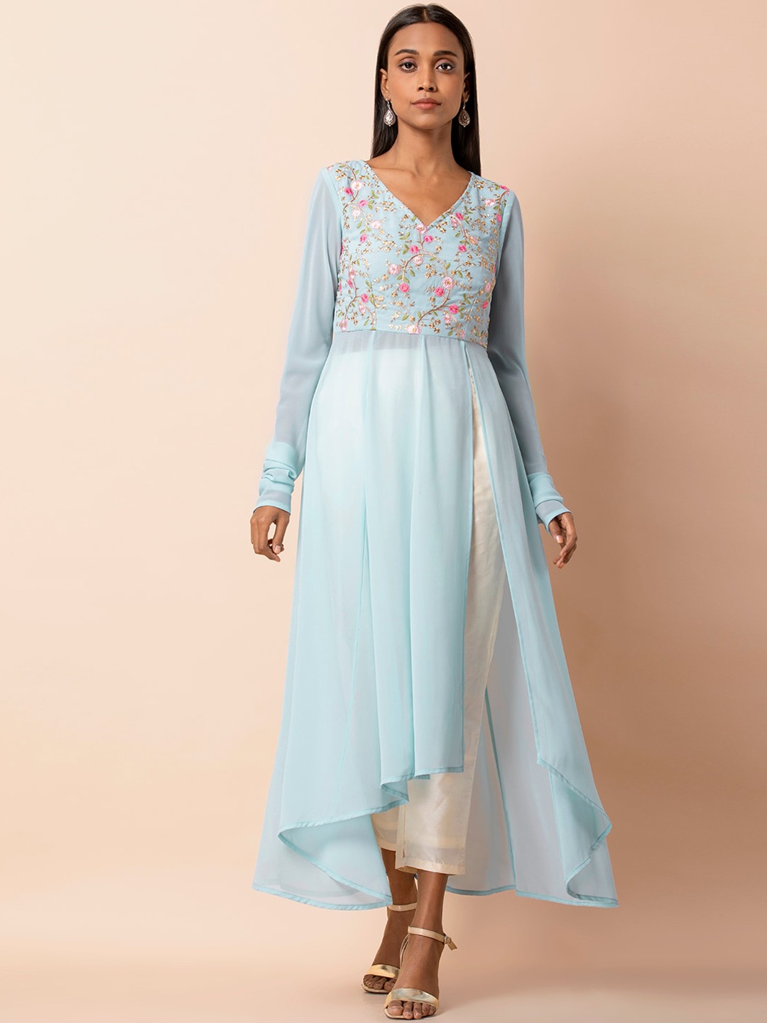 

INDYA Blue Churidar Sleeve Embroidered Slit Tunic
