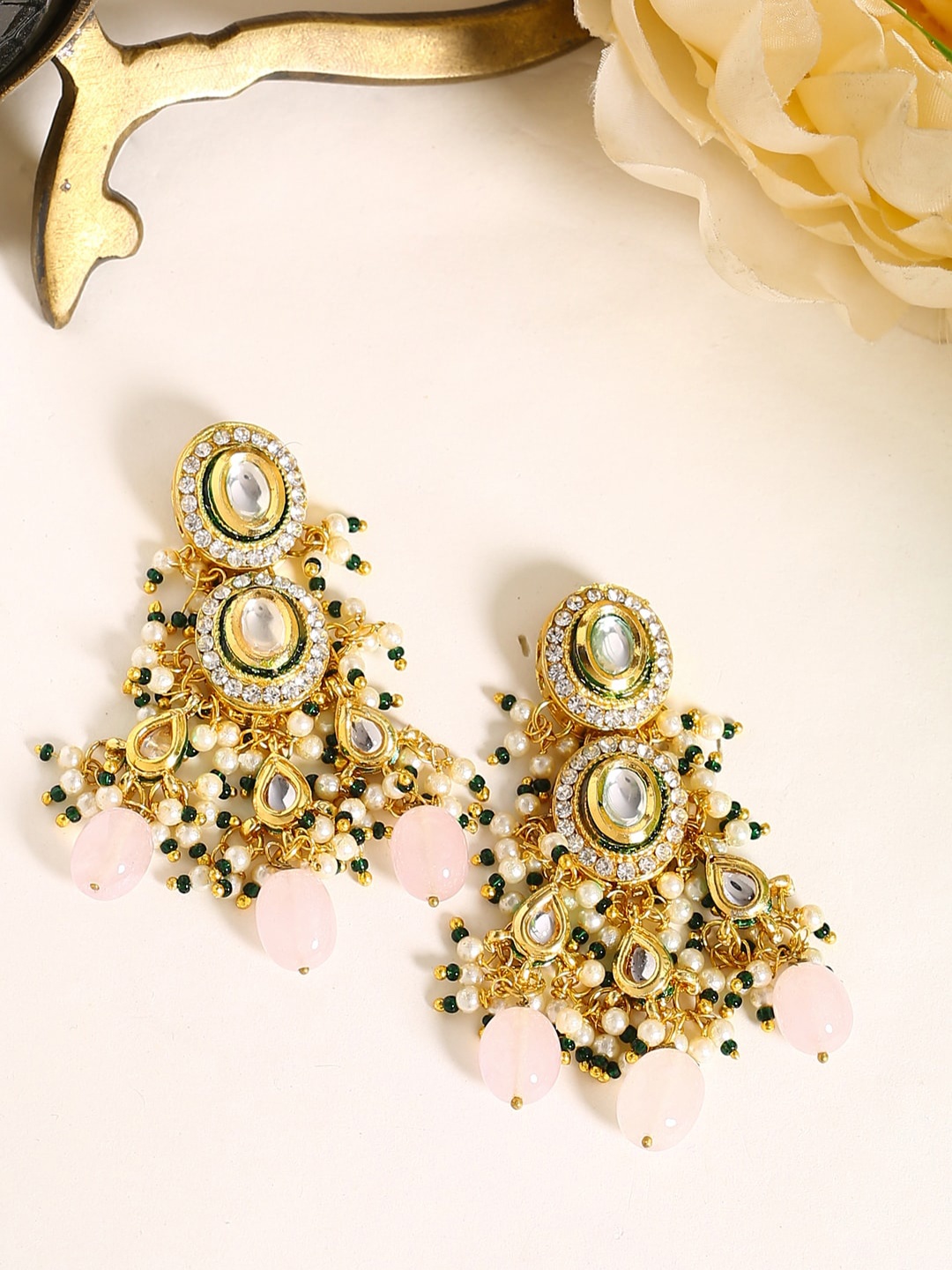 

Shoshaa Pink & Gold-Plated Handcrafted Kundan Classic Drop Earrings