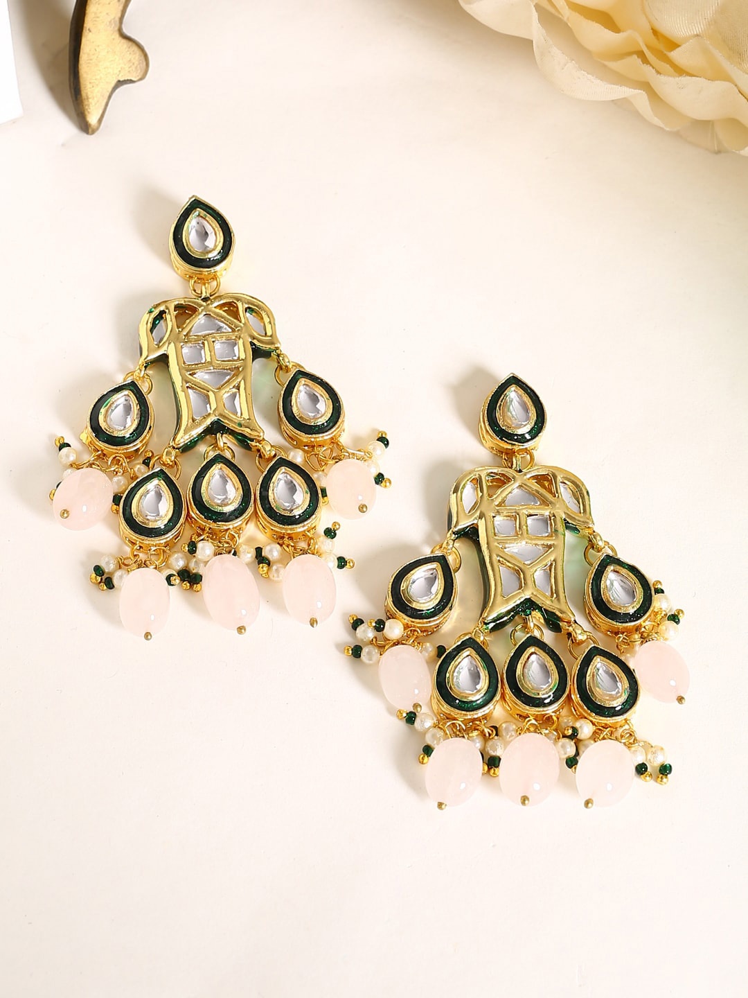 

Shoshaa Pink & Gold-Plated Handcrafted Kundan Teardrop Shaped Drop Earrings