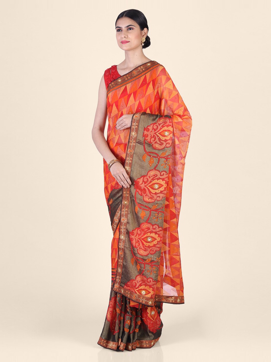 

CLAI WORLD Red & Orange Poly Georgette Woven Design Handloom Saree