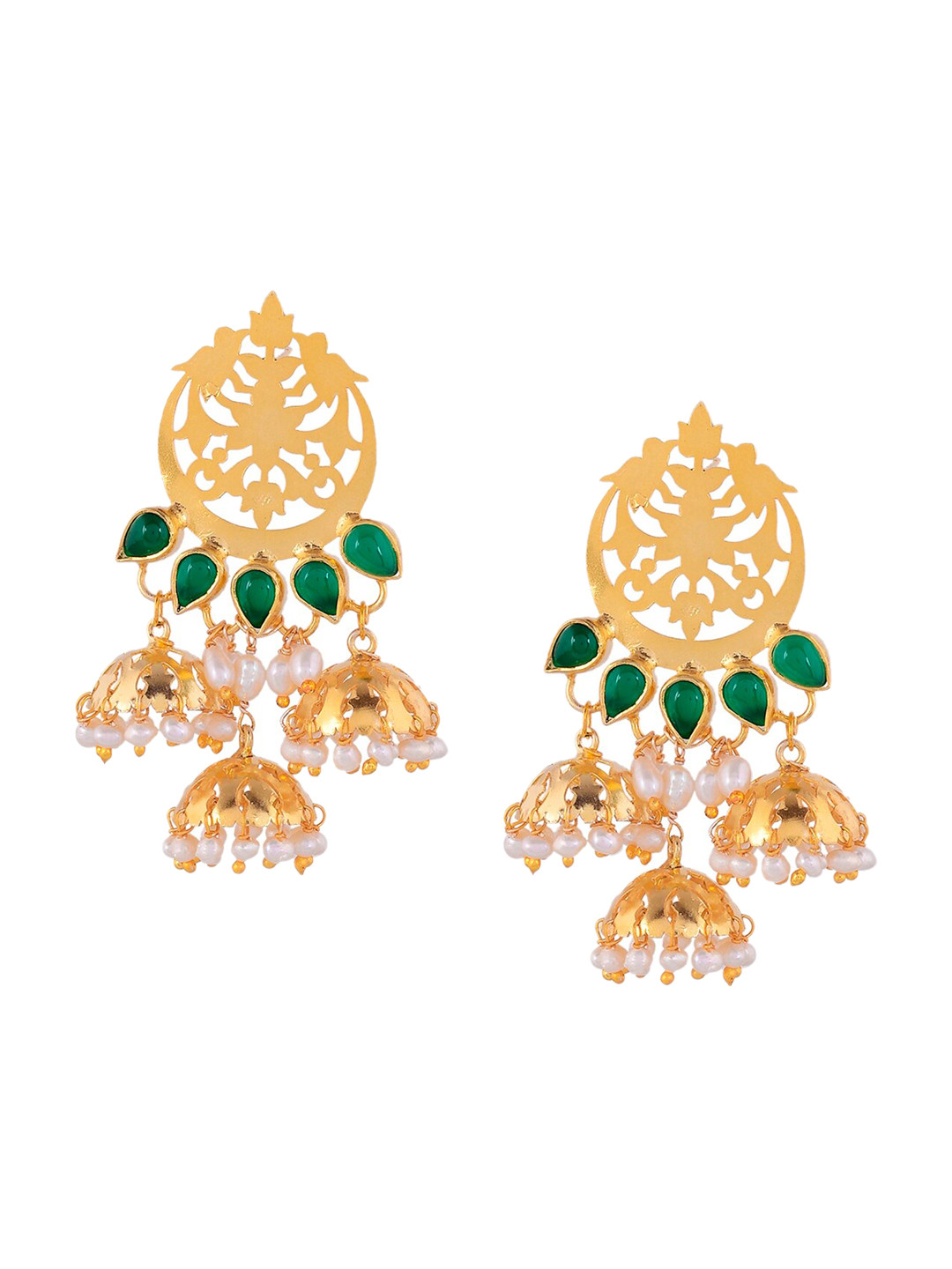 

Silvermerc Designs Gold & Green Crescent Shaped Jhumkas