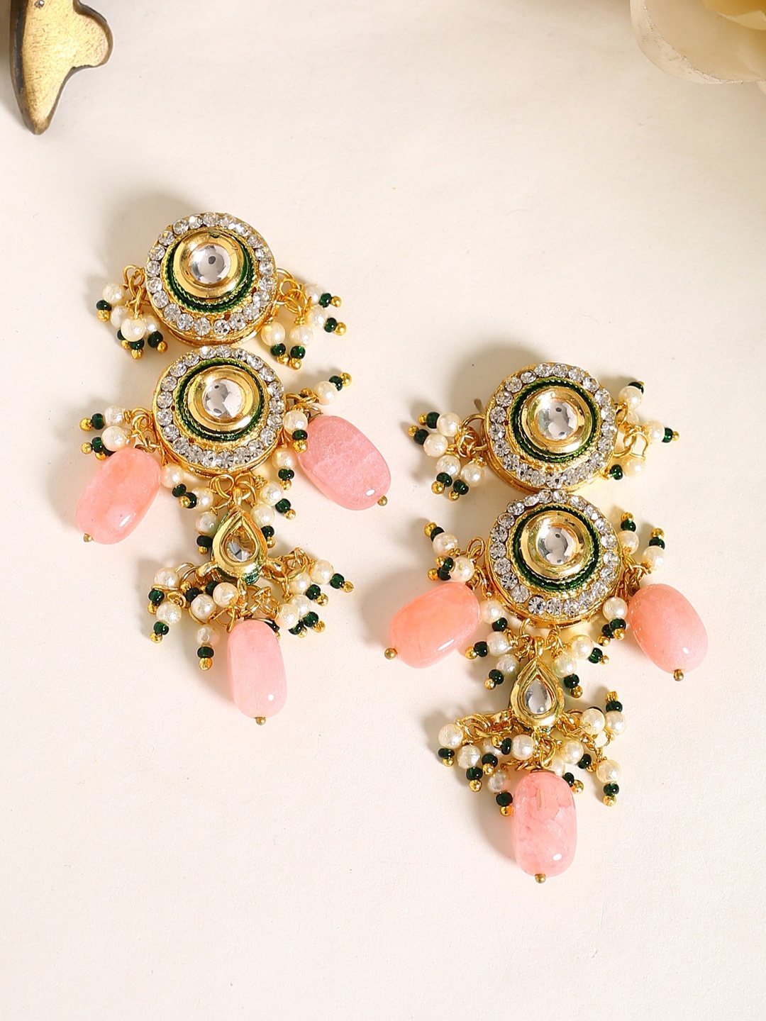 

Shoshaa Pink & Gold-Plated Handcrafted Kundan Circular Drop Earrings