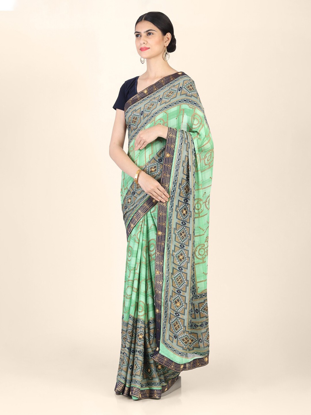 

CLAI WORLD Green Printed Saree