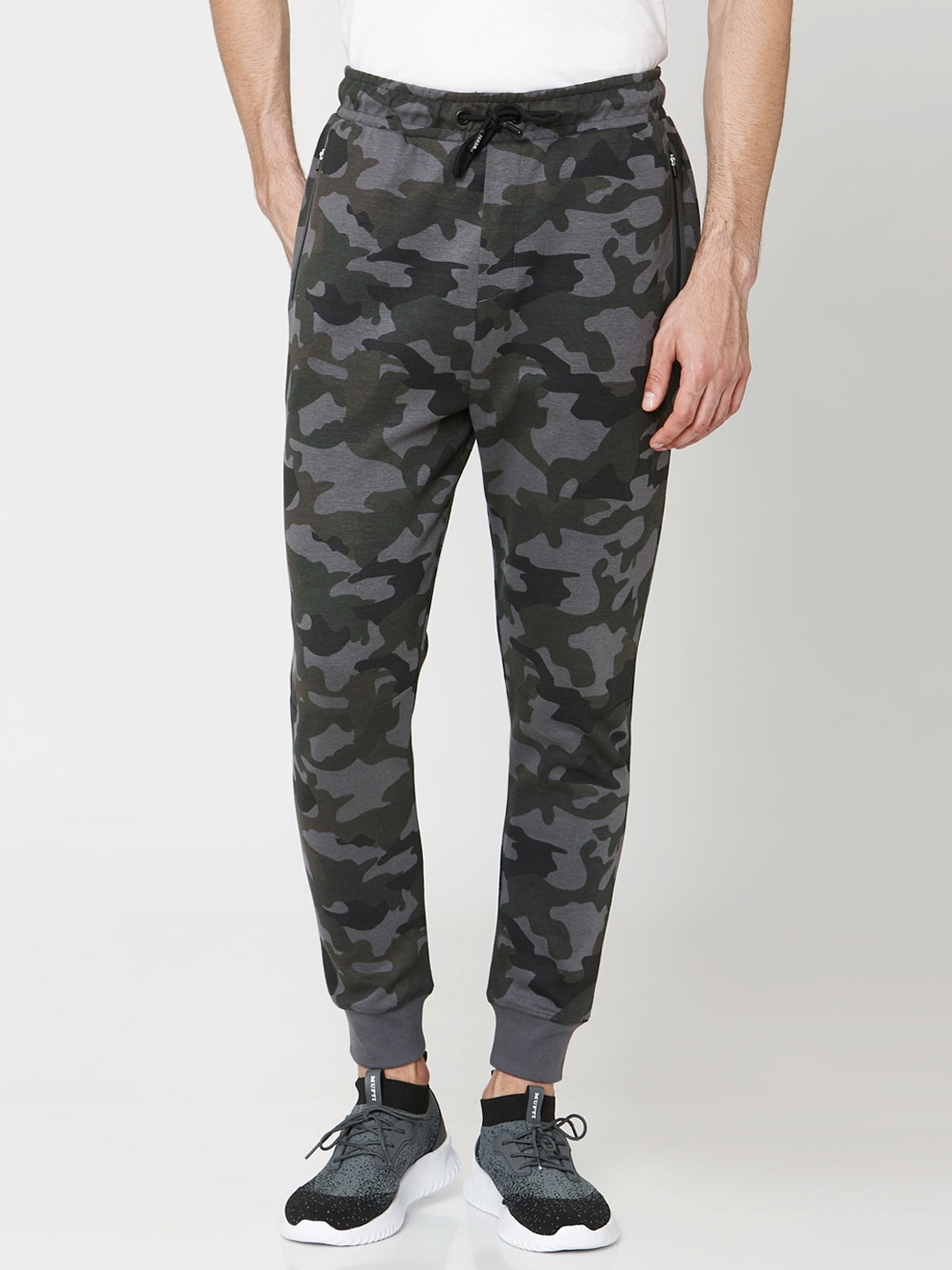 

Mufti Men Olive-Green & Grey Camouflage Printed Slim-Fit Joggers