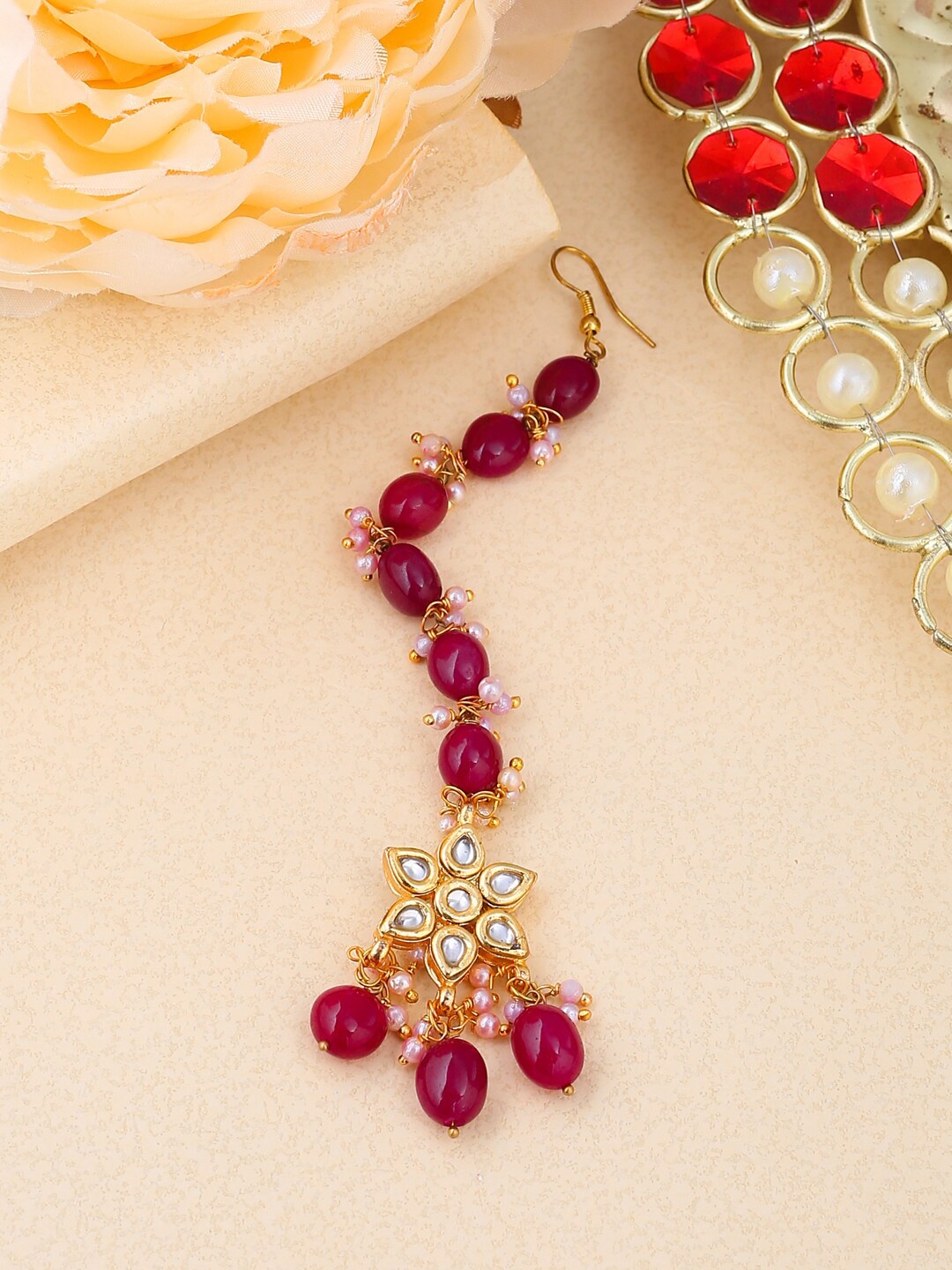 Shoshaa Gold-Plated Red & White kundan studded & Beaded Handcrafted Maang Tikka