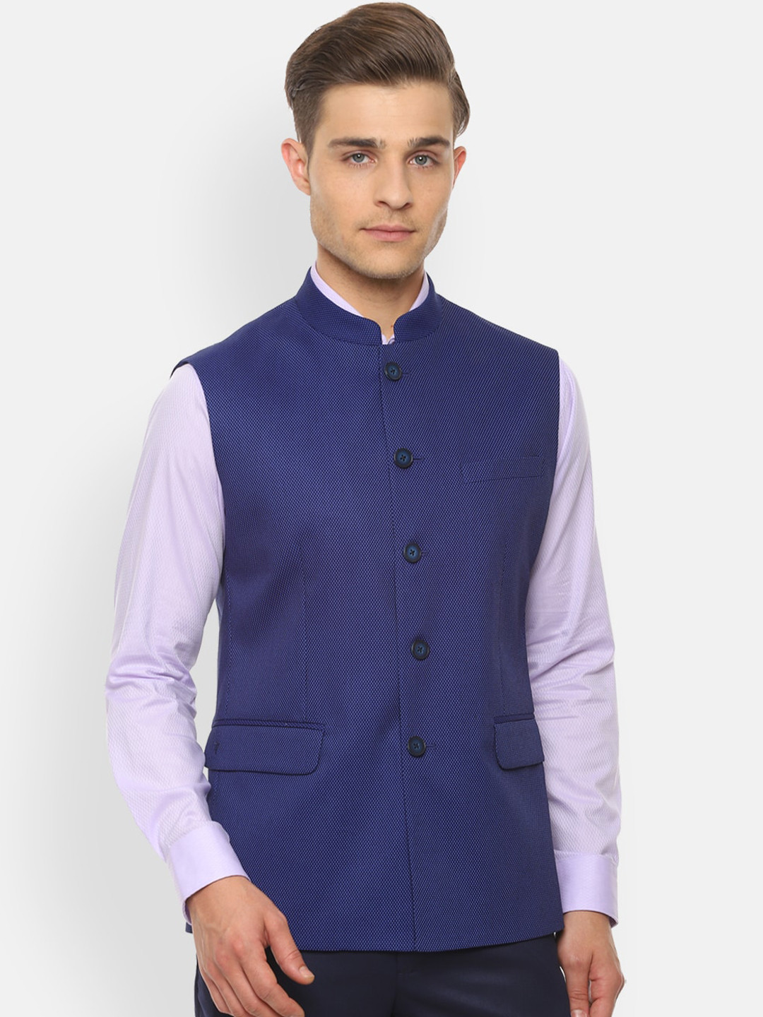 

Van Heusen Men Blue Self Design Nehru Jacket