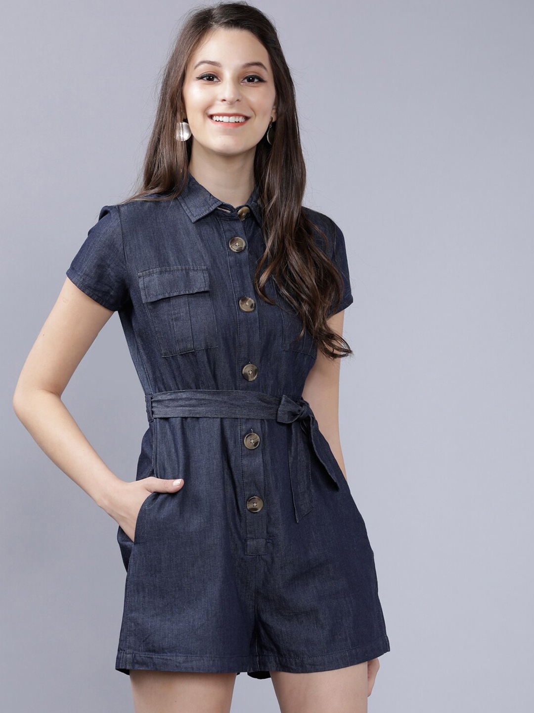 

Tokyo Talkies Women Navy Blue Solid Denim Playsuit