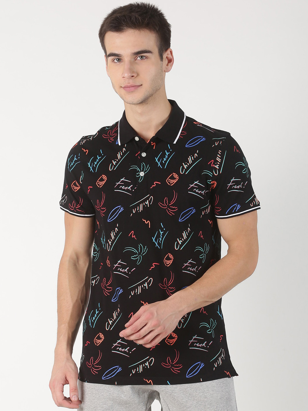 

Soul Space Men Black Printed Polo Collar Pure Cotton Organic Cotton T-shirt