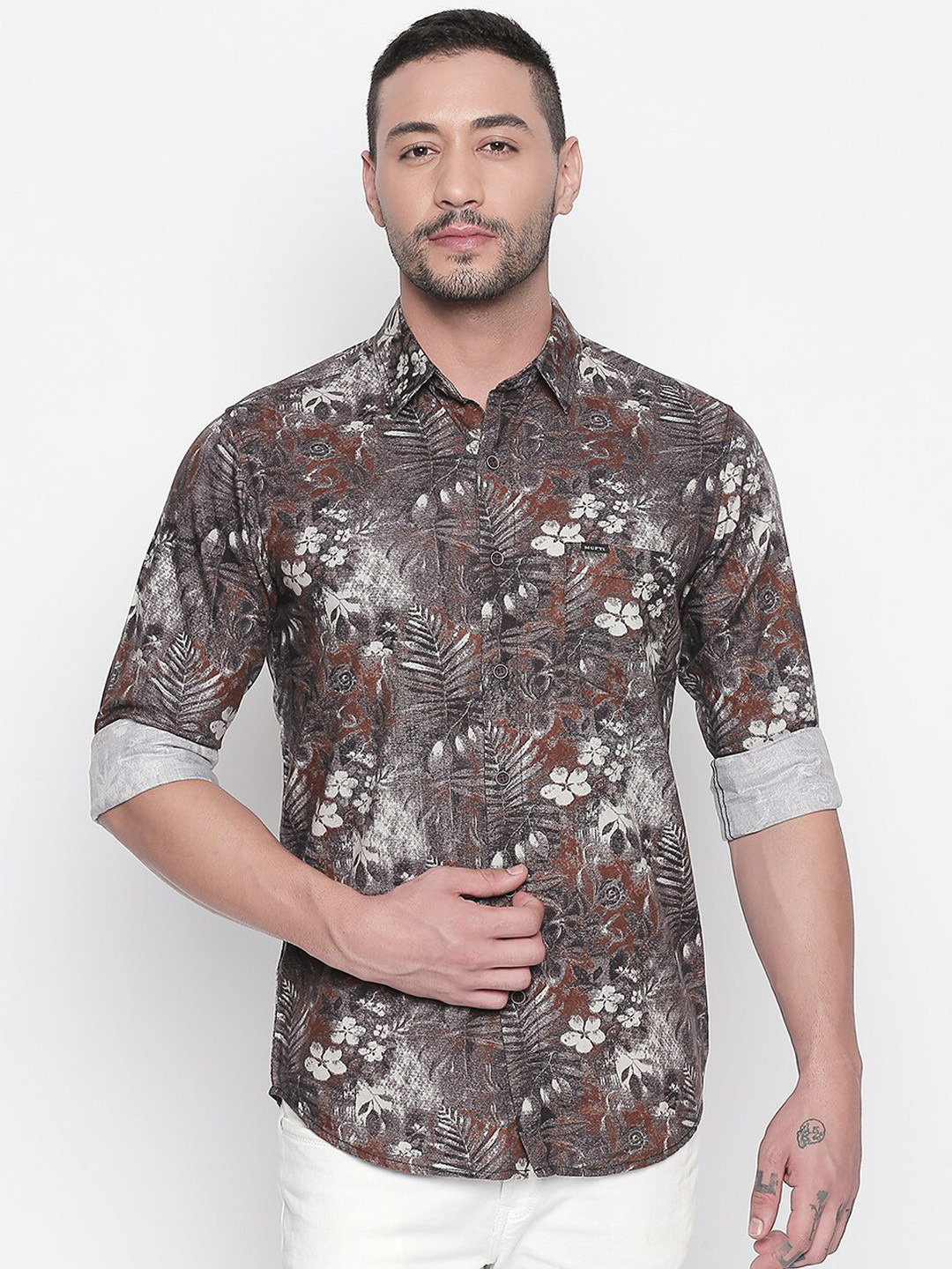 

Mufti Men Brown & Grey Slim Fit Printed Casual Shirt