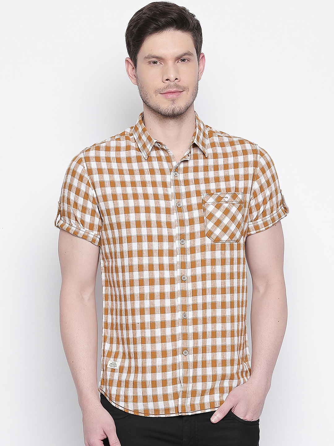 

Mufti Men White & Mustard Yellow Slim Fit Checked Casual Shirt