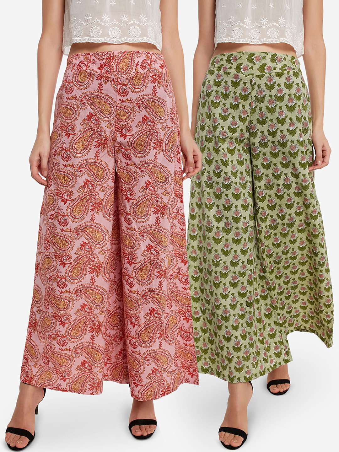 

Desi Weavess Women Pack Of 2 Pink & Green Printed Flared Palazzos