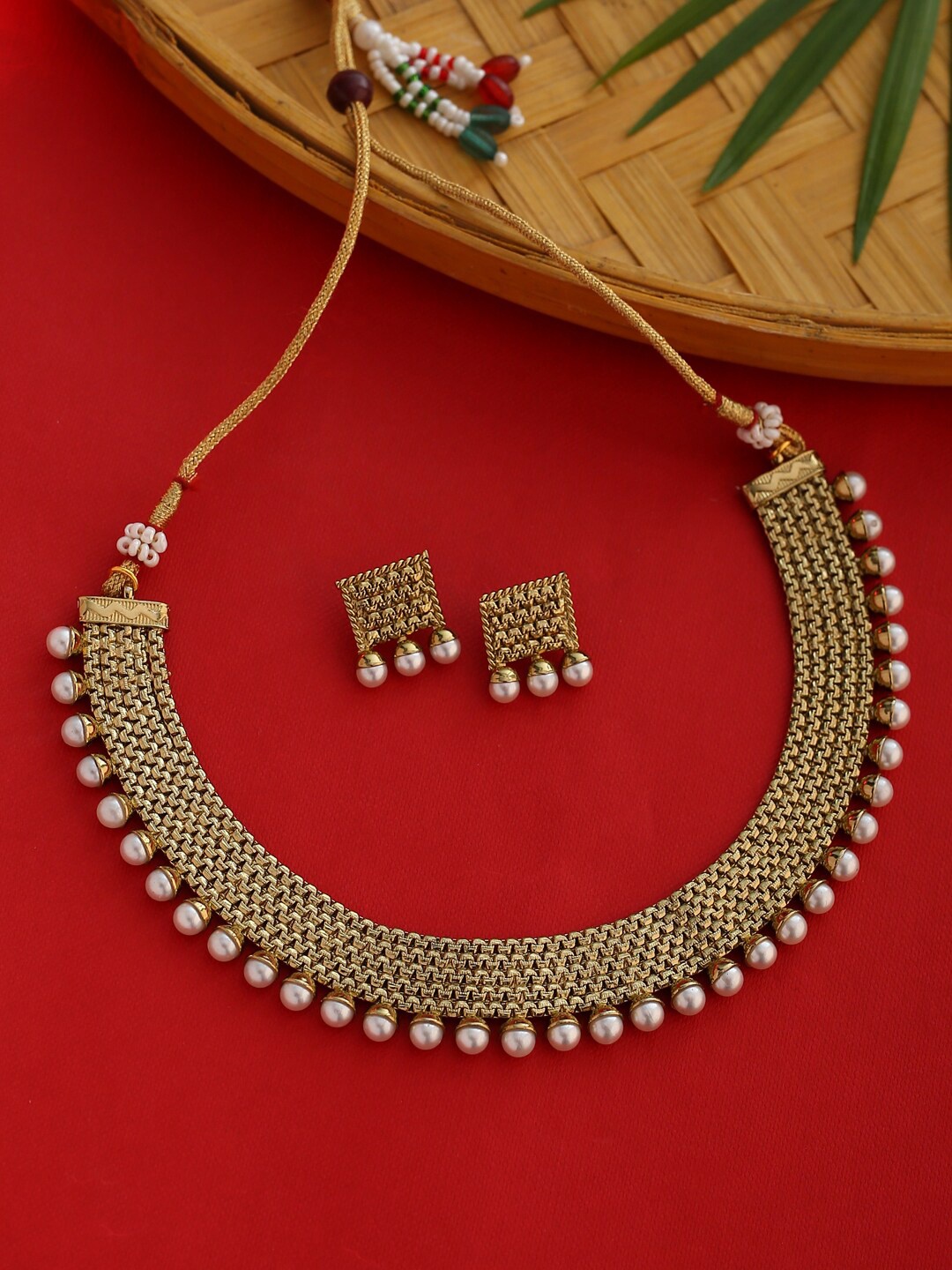 

Shoshaa Gold-Plated & White Pearl-Studded Handcrafted Jewellery Set