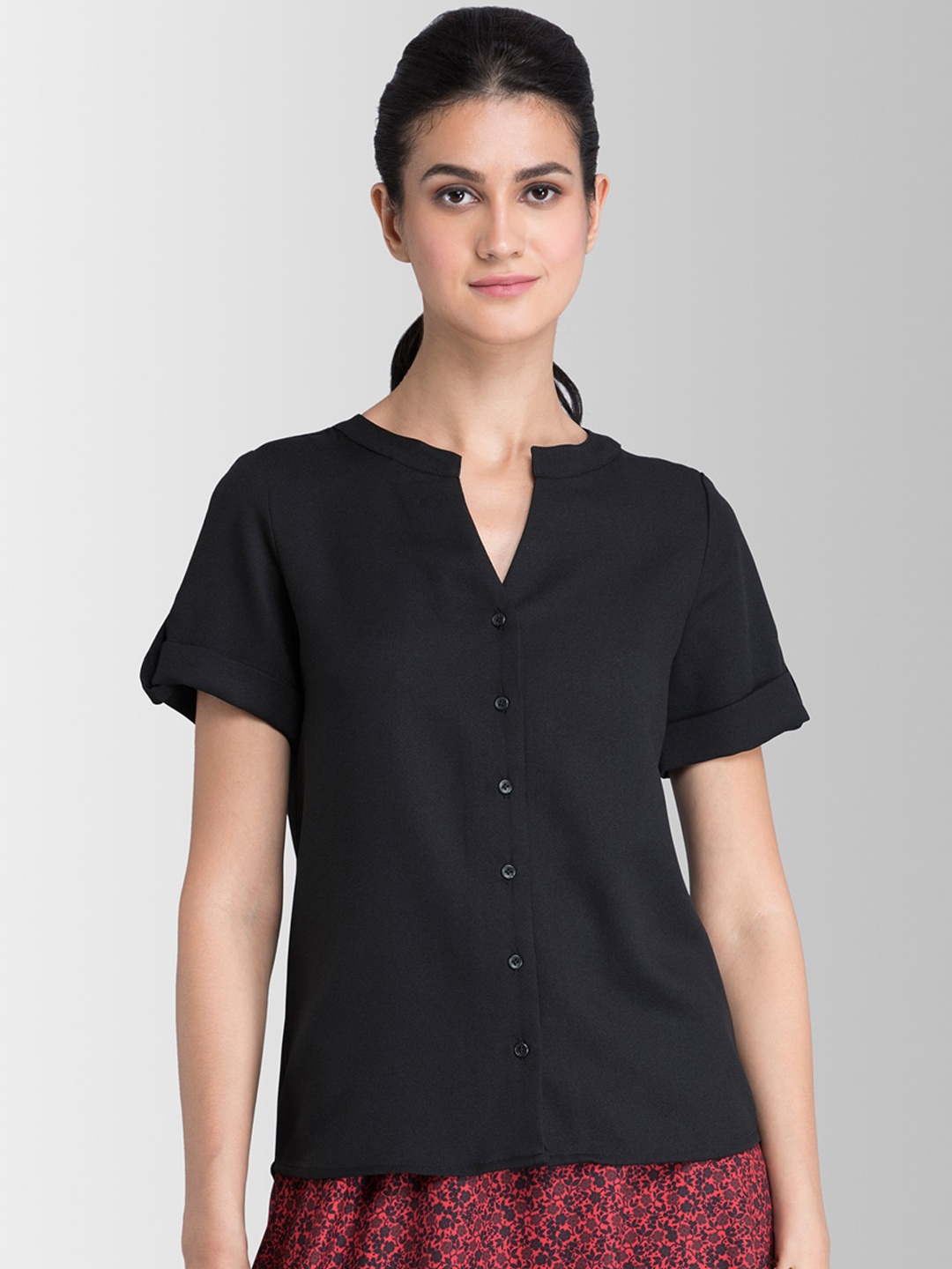 FableStreet Women Black Solid Shirt Style Top