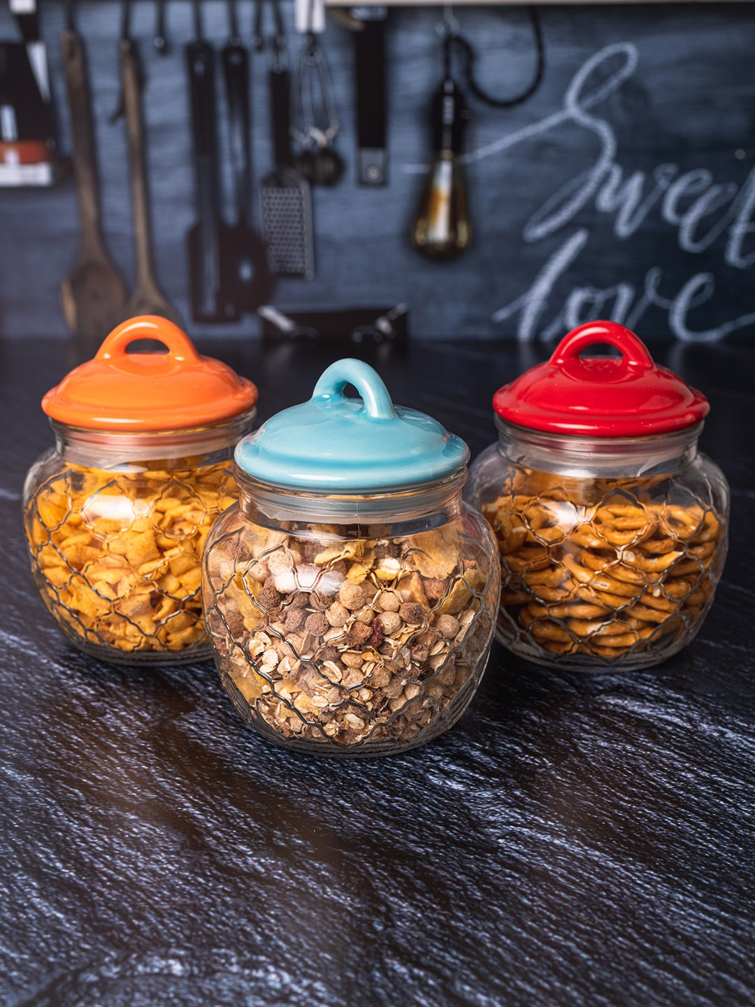 GOODHOMES Set of 3 Transparent Glass Jar with Ceramic Color Lid
