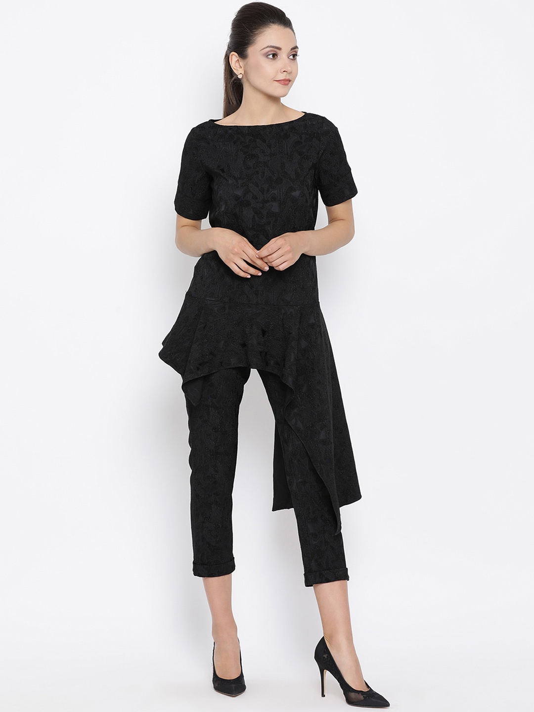 OFFICE & YOU Women Black Self Design Asymmetric Peplum Top