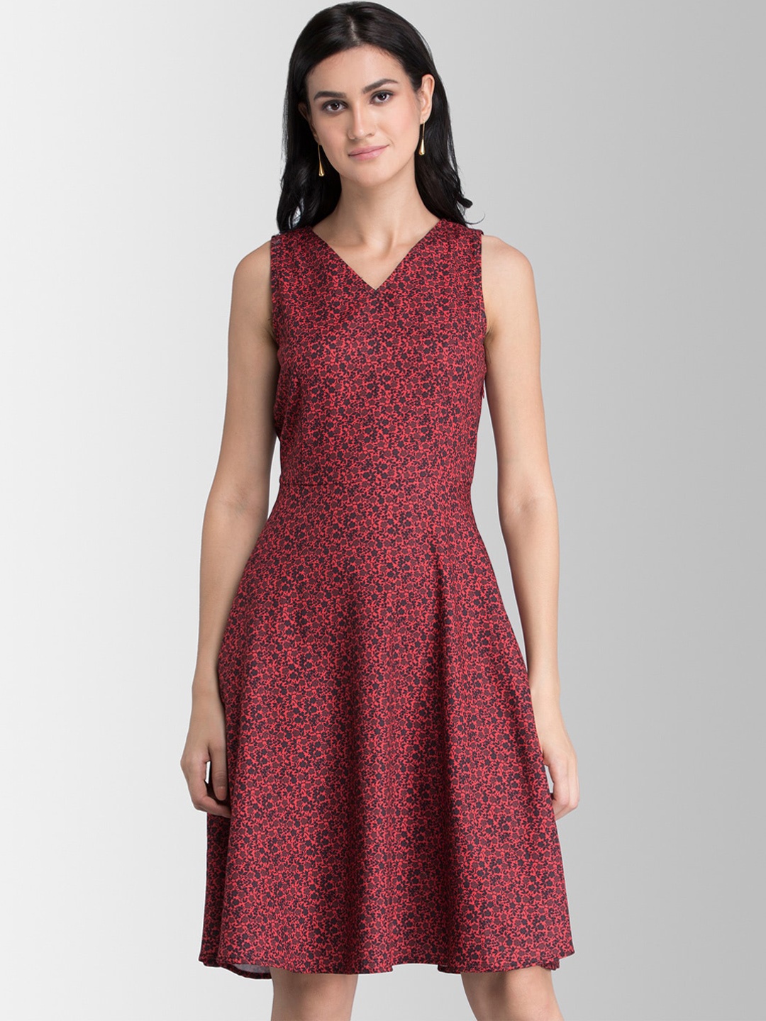 

FableStreet Women Red Printed Fit and Flare Dress