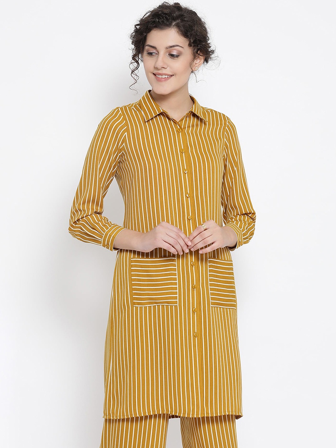 

OFFICE & YOU Women Yellow & White Striped A-Line Kurta