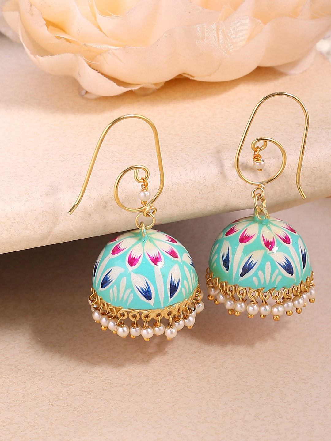 

Shoshaa Turquoise Blue & Pink Gold-Plated Meenakari Dome Shaped Jhumkas
