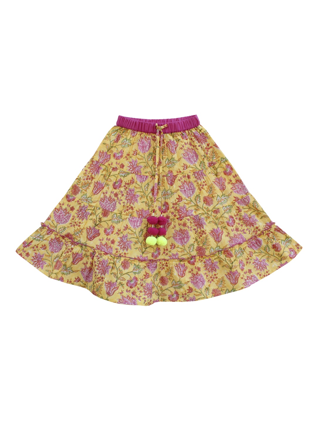 

My Little Lambs Girls Yellow & Pink Floral Print Tiered Maxi Pure Cotton Skirt