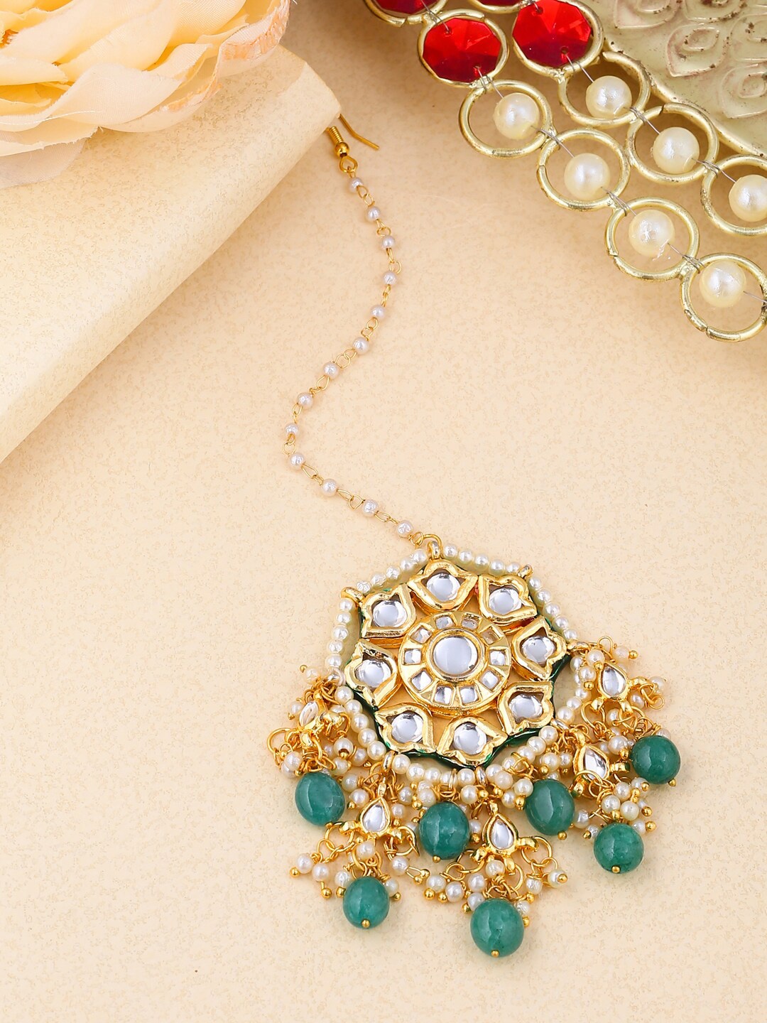 

Shoshaa Gold-Plated White & Green Beaded Kundan-Studded Maang Tikka