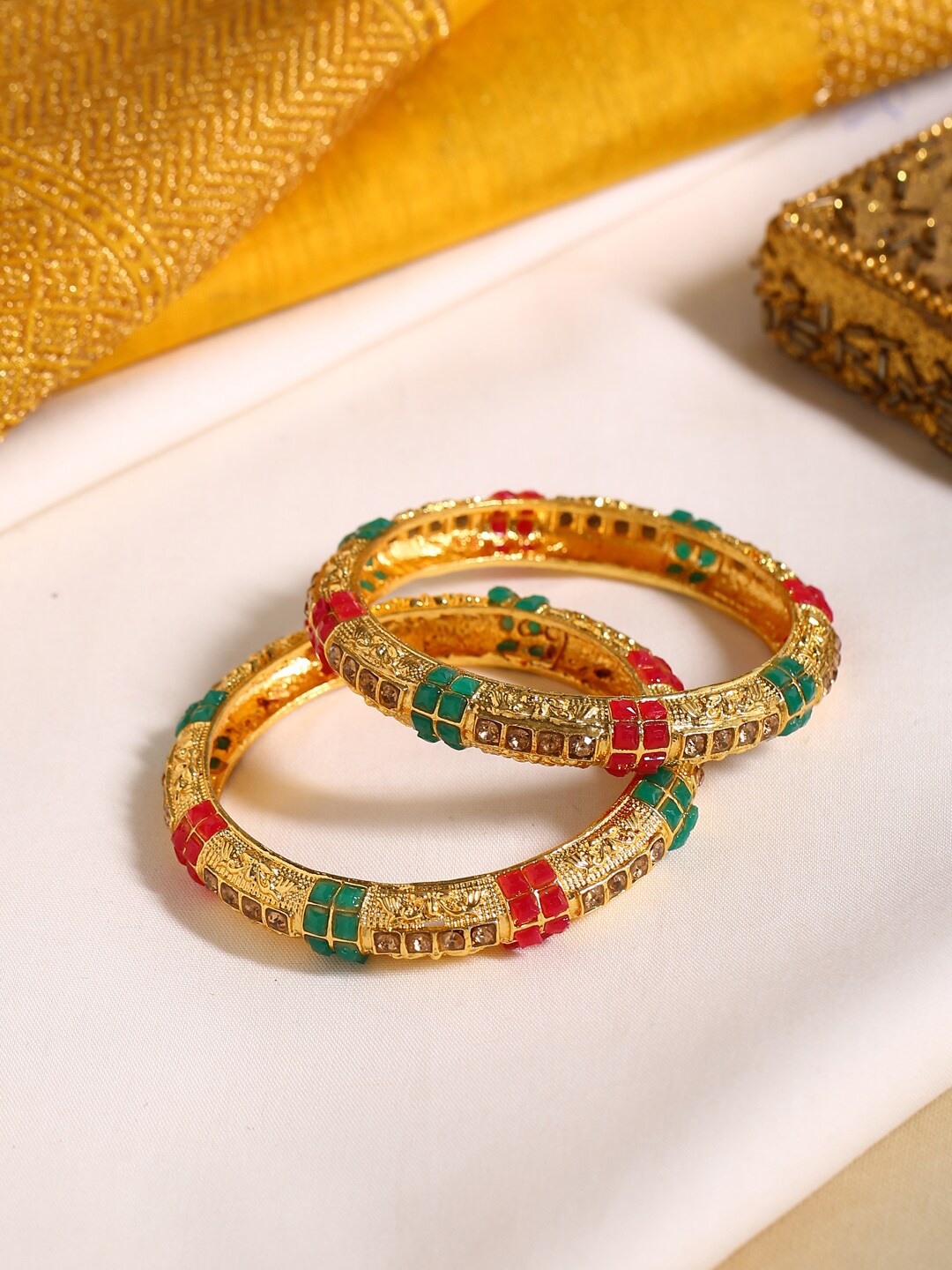 

Shoshaa Set Of 2 Gold-Plated Red & Green Stone-Studded Handcrafted Bangles