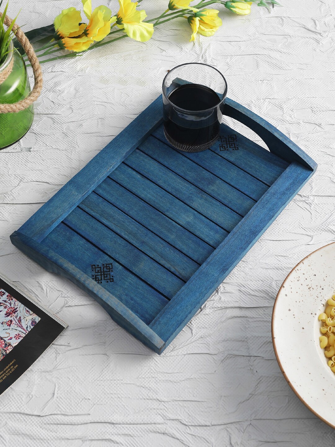 

VarEesha Blue Solid Wooden Handmade Large Serving Tray