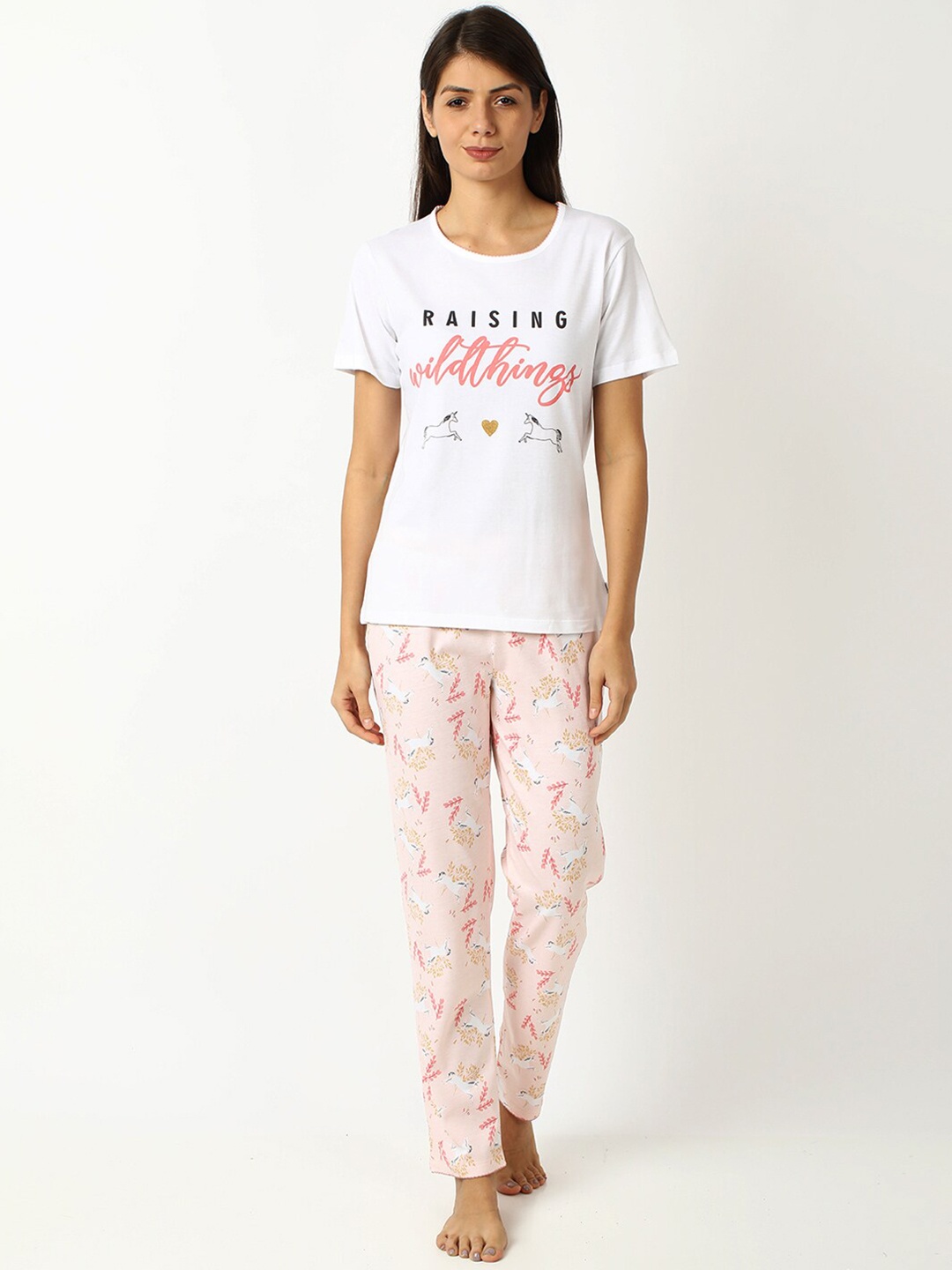 

mackly Women White & Pink Printed Night suit