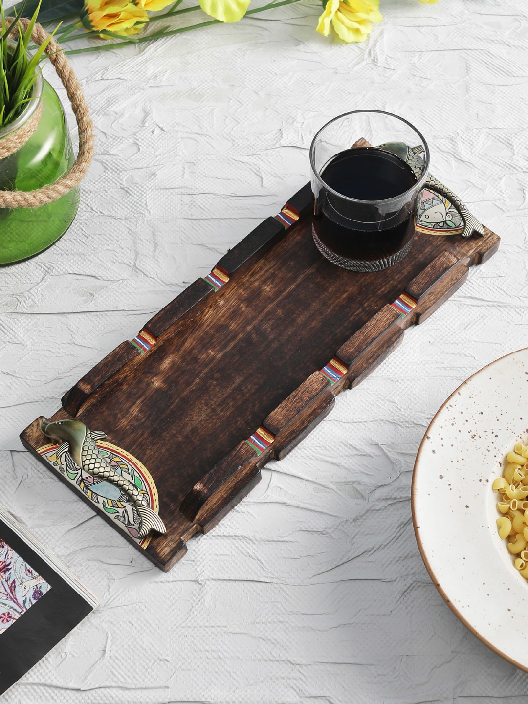 

VarEesha Madhubani Mango Wood Runner Tray with Brass Handles, Coffee brown