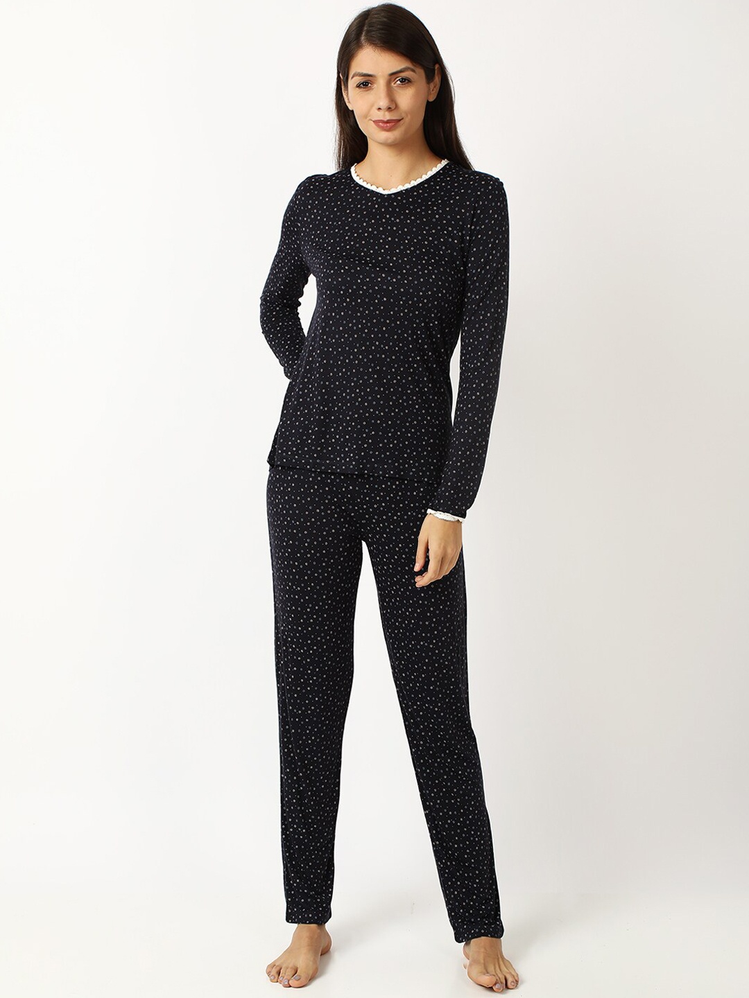 

mackly Women Navy Blue Printed Night suit