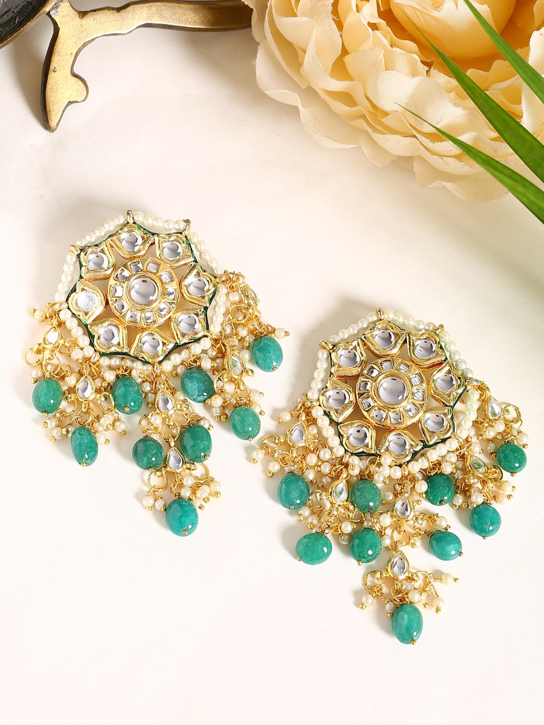 

Shoshaa Green & Gold-Plated Handcrafted Kundan Geometric Drop Earrings
