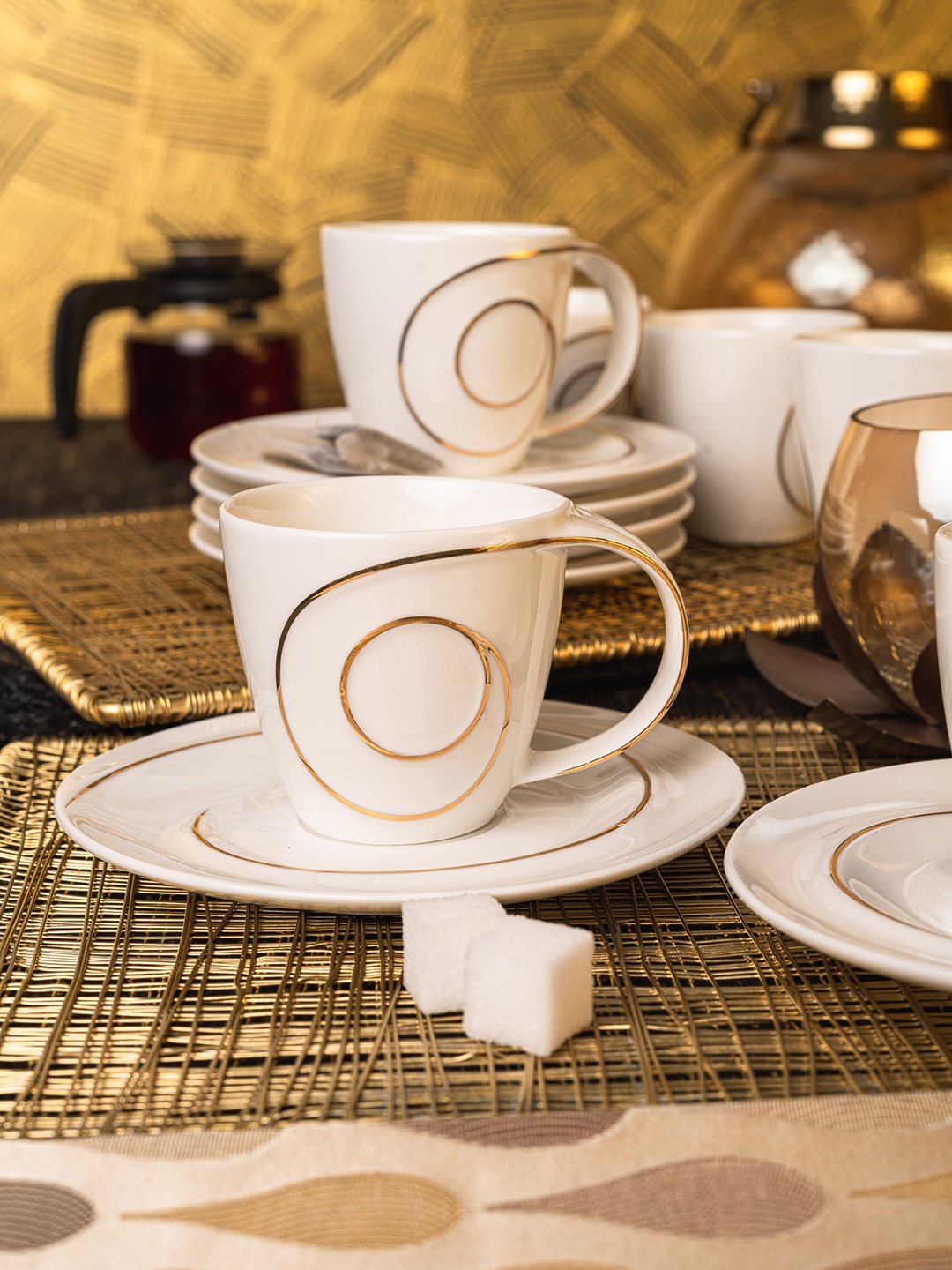 

White Gold Set Of 12 White & Gold-Toned Porcelain Cup Saucer
