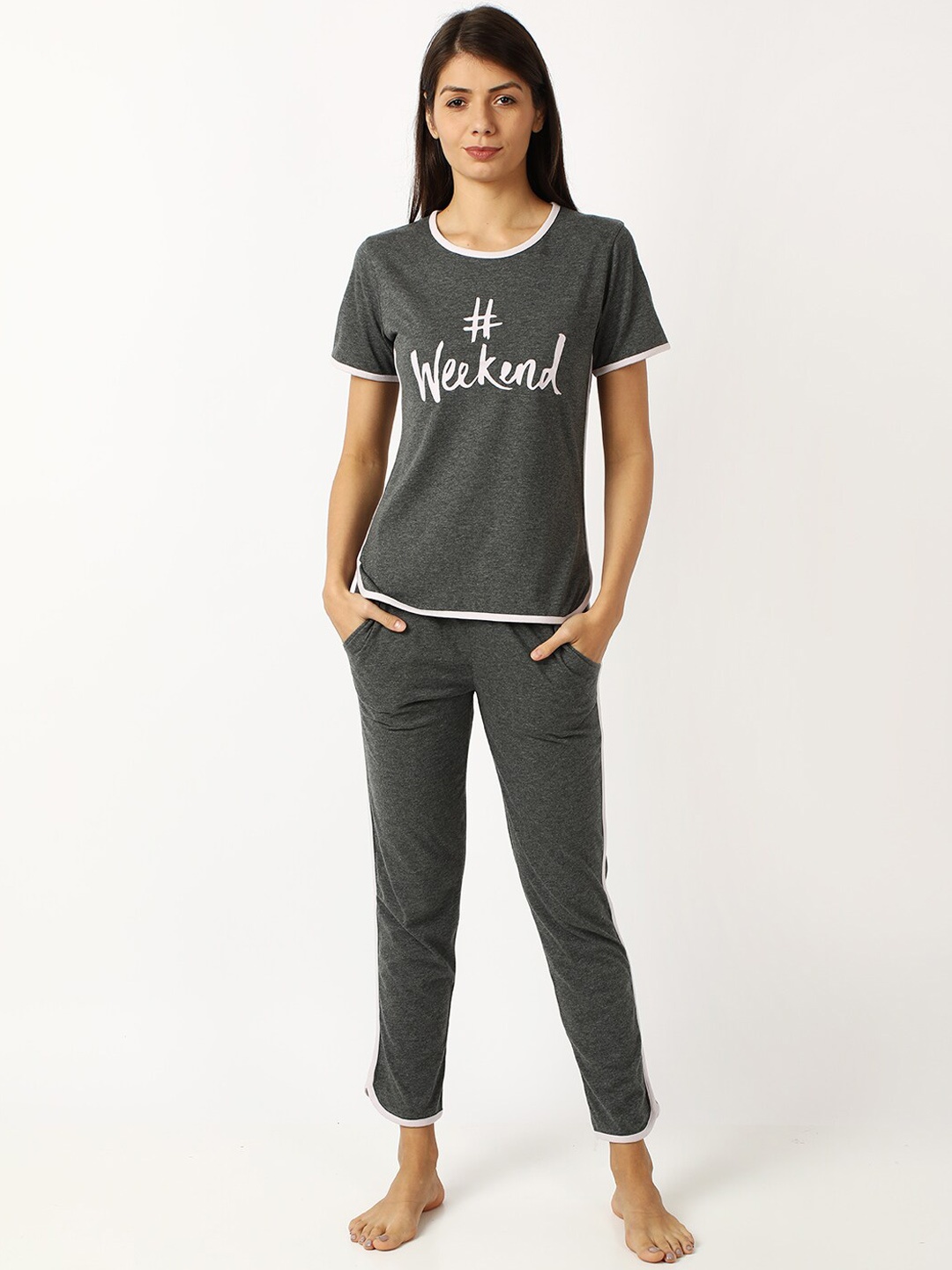 

mackly Women Grey Printed Night suit