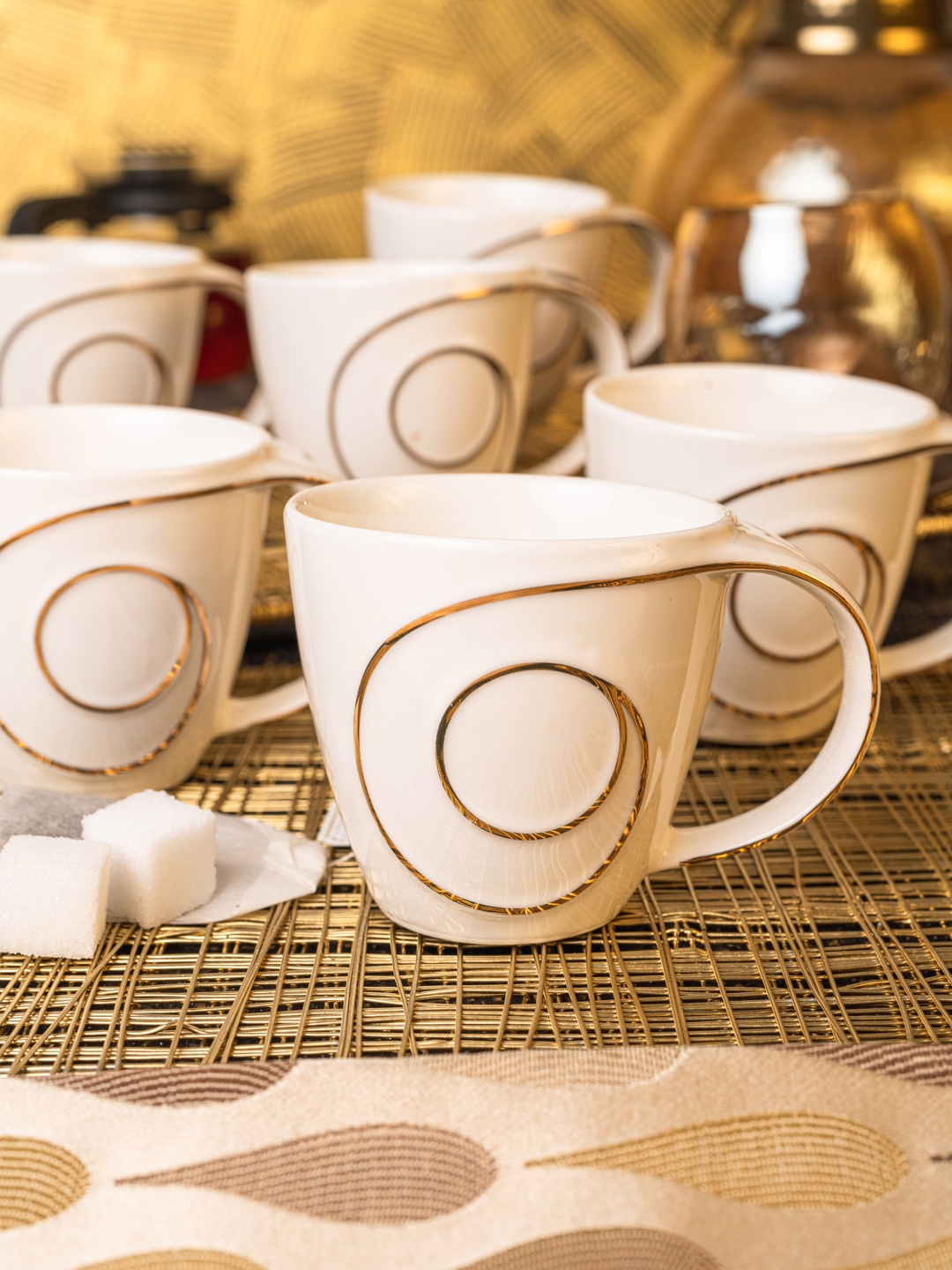 

White Gold White & Gold-Toned 6 Pcs Textured Porcelain Cups Set 160ml each