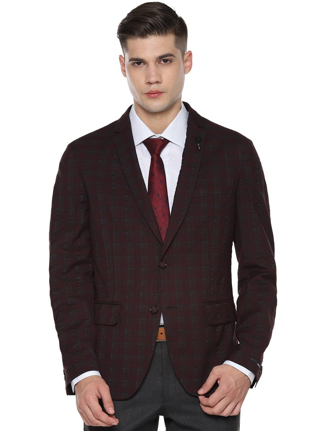 

V Dot Men Maroon Checked Slim-Fit Single Breasted Casual Blazer
