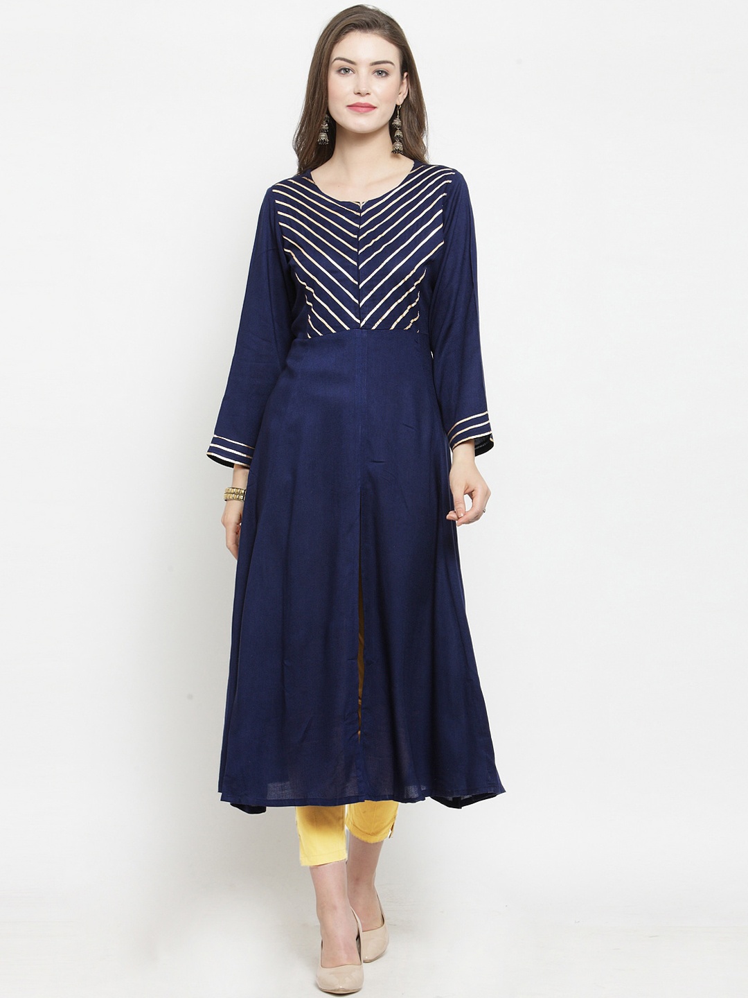 

Jompers Women Navy Blue & Gold-Toned Yoke Design Anarkali Kurta