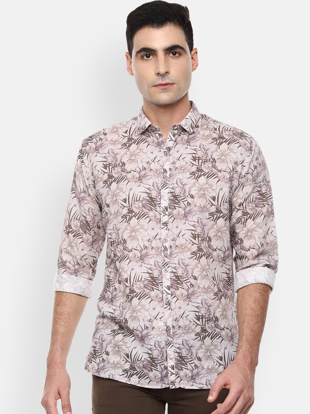 

V Dot Men Beige & Brown Slim Fit Printed Casual Shirt