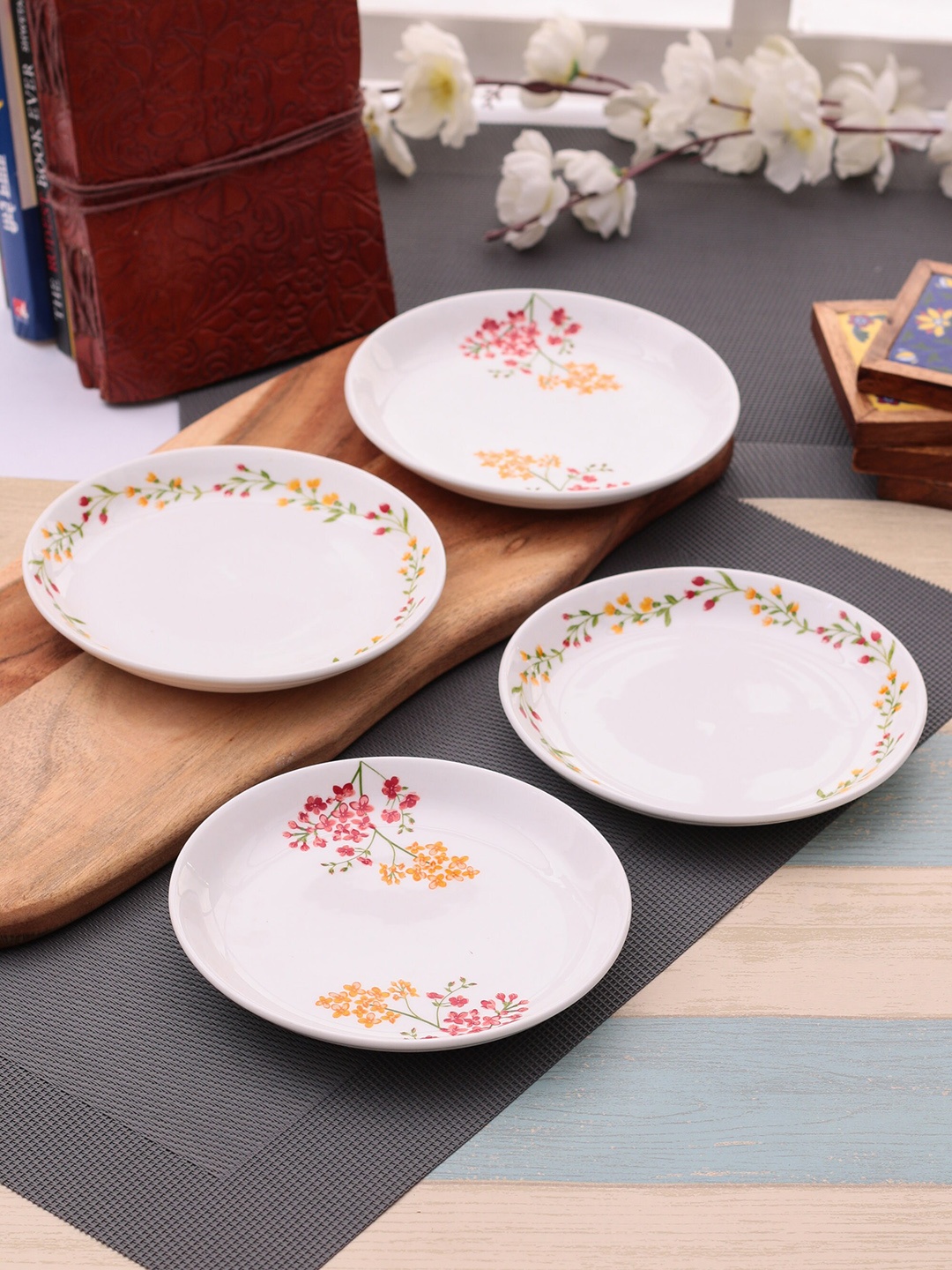 

CLAY CRAFT Red Floral Snack Plate Set of 4