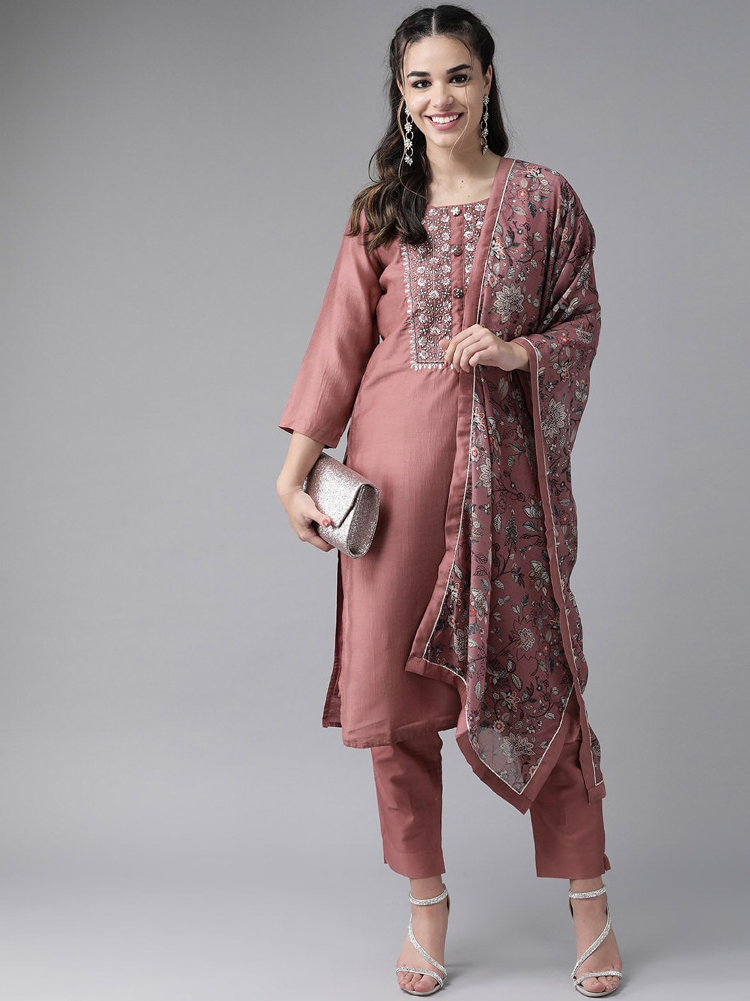 

Ishin Women Mauve & White Embroidered Kurta with Trousers & Dupatta