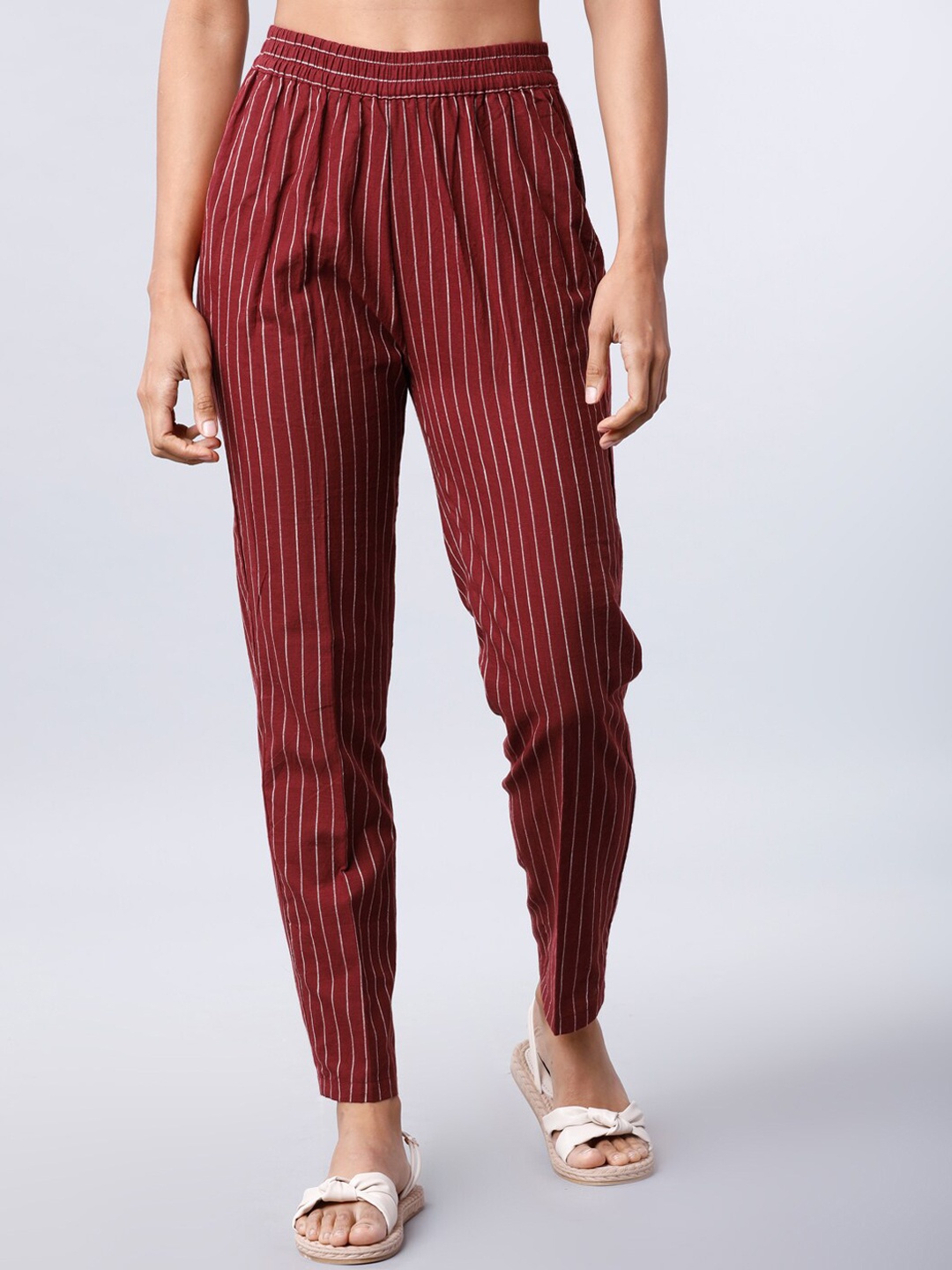 

Vishudh Women Maroon & Off-White Regular Fit Striped Regular Trousers