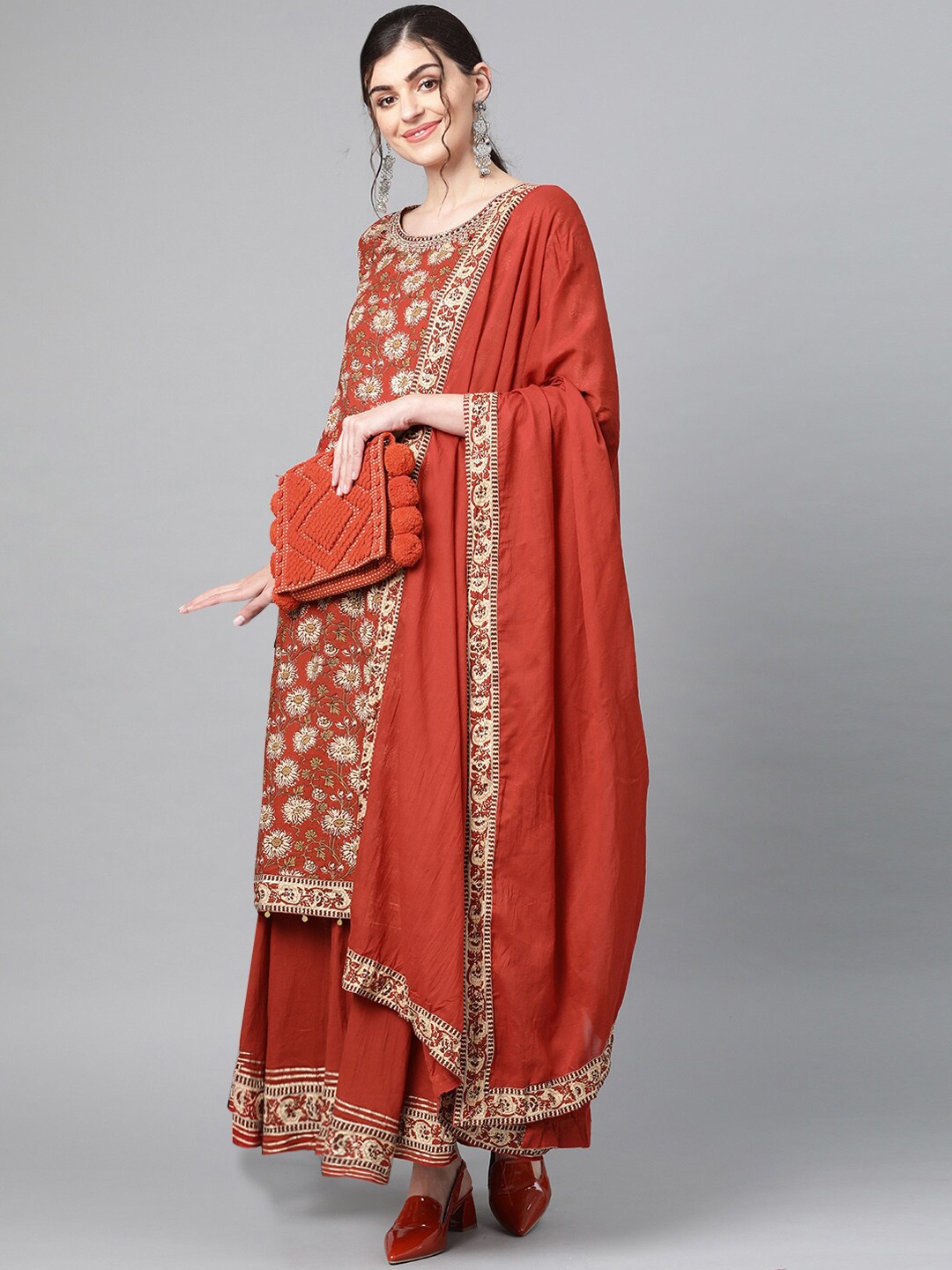 

Ishin Women Brown Embroidered Kurta with Palazzos & Dupatta