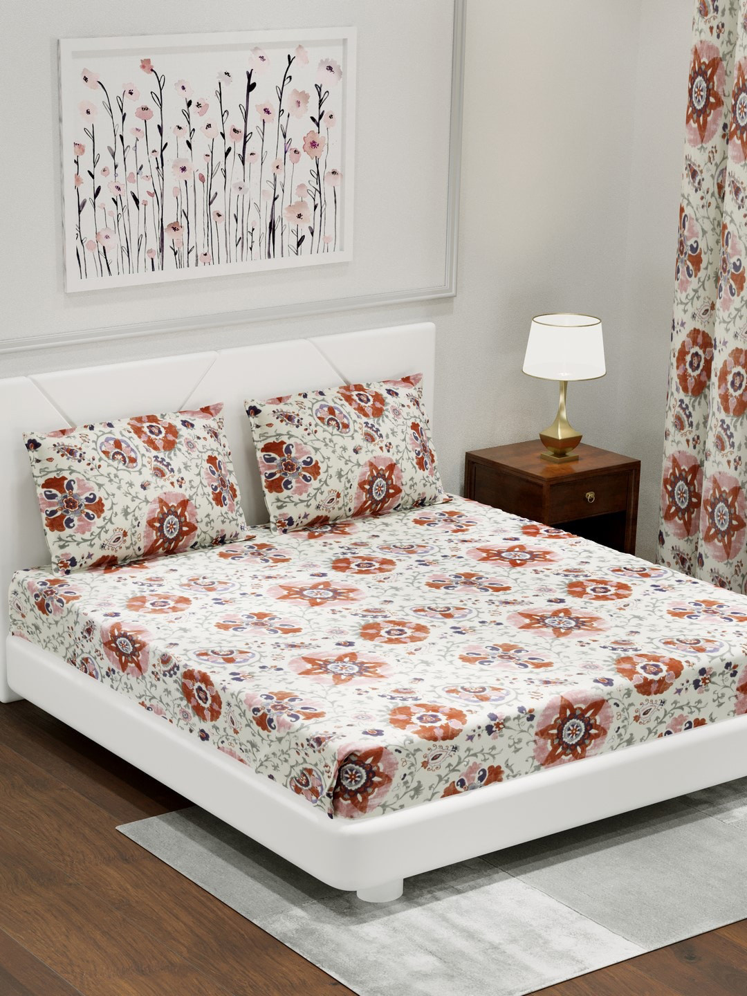 

eCraftIndia Grey & Brown Floral 250 TC Cotton 1 King Bedsheet with 2 Pillow Covers