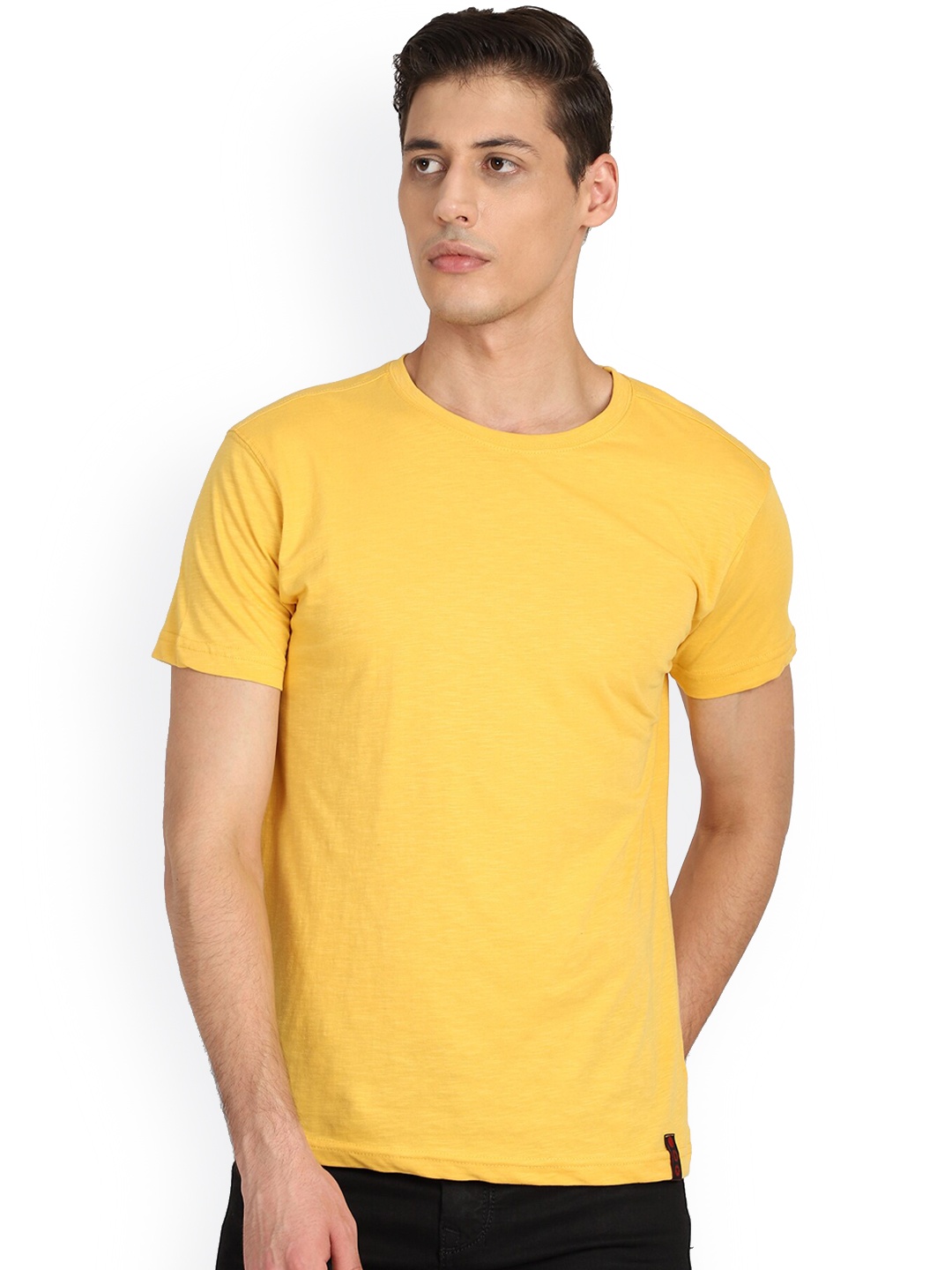 PUNK Men Yellow Solid Round Neck T-shirt
