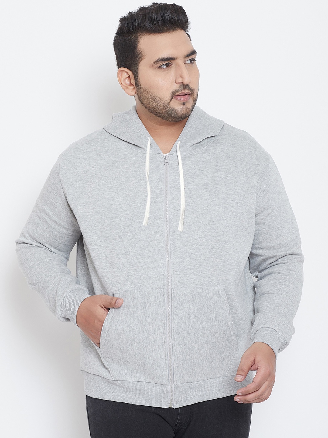 

Instafab Plus Men Grey Melange Solid Hooded Sweatshirt