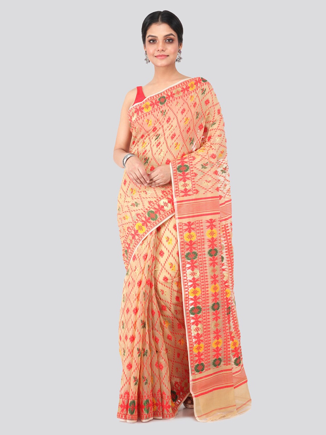 

PinkLoom Beige & Red Pure Cotton Woven Design Jamdani Saree